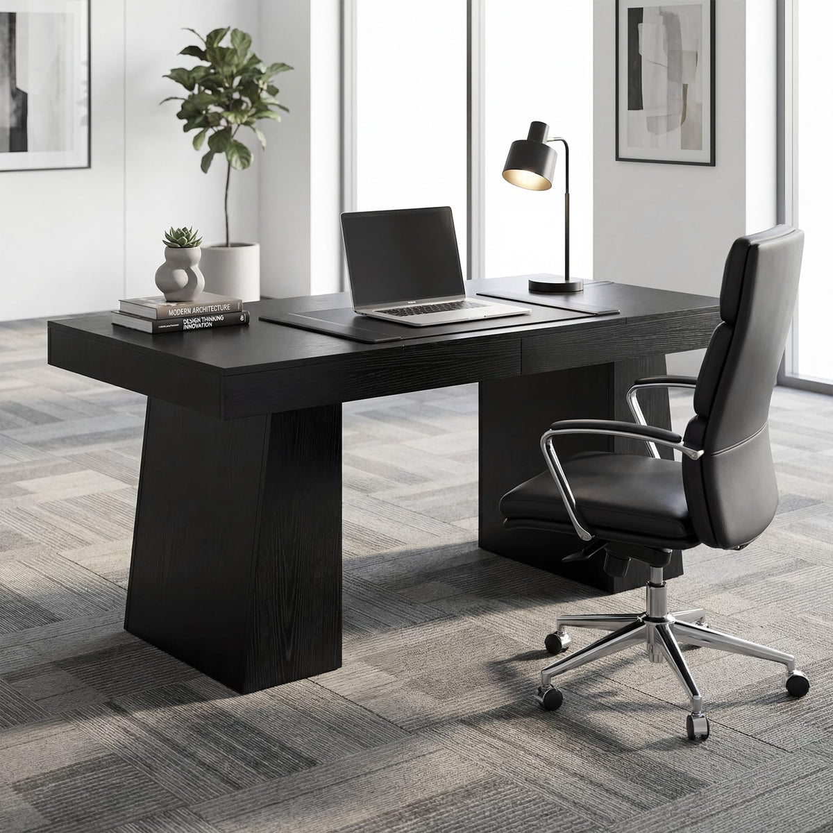 Garvee 55" Executive Desk, Mid-Century Modern Home Office Desks with Double Trapezoid Base, Wood Computer Desk Business Furniture Workstation Writing Table Conference Table, Black