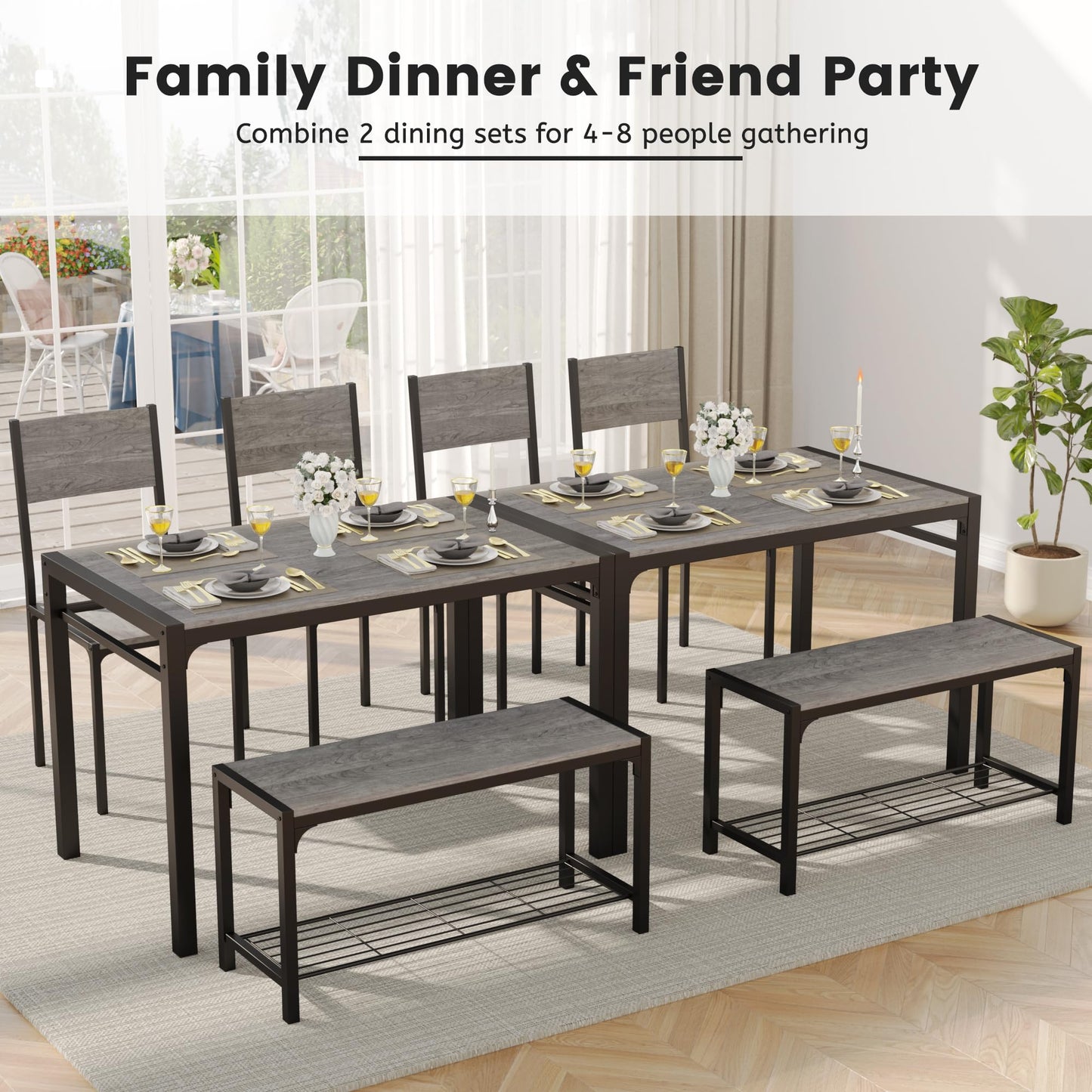 JUMMICO 43.3" Dining Table Set for 4, Kitchen Table with Bench & 2 Chairs Modern Rectangular Metal Frame Dining Furniture Set for Small Space (Grey)