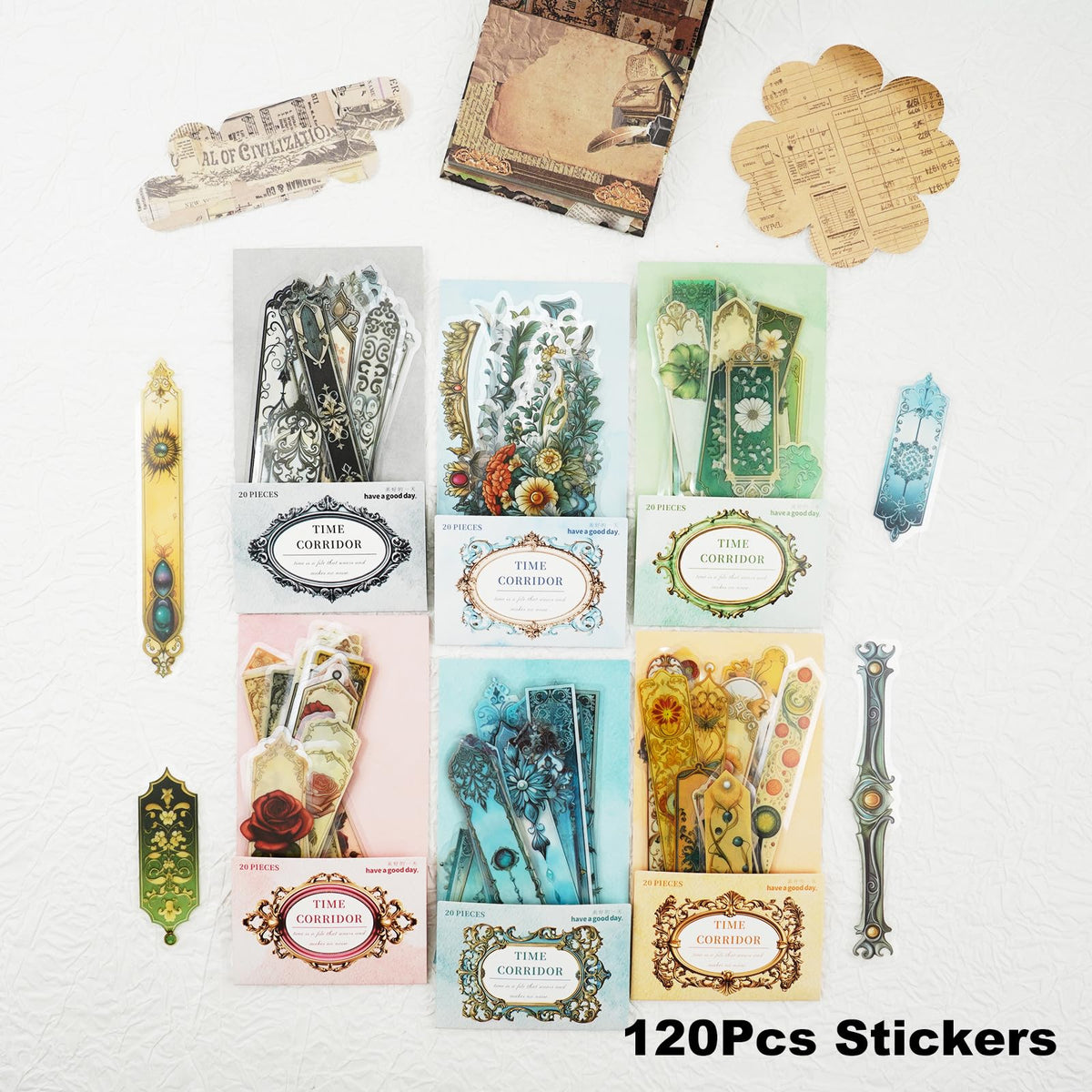 Miyouluna 120PCS PET Strip Stickers, Gothic, Rose, Baroque, Emerald, Amber and Snow Style Designs in Vintage Aesthetic, Scrapbook and Journal Labels, Transparent Waterproof DIY Supplies