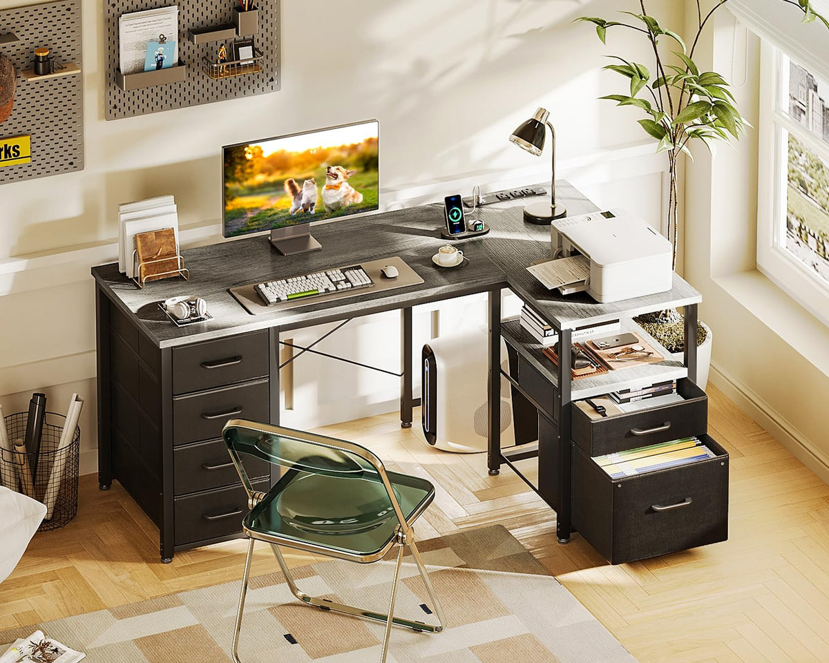 Coleshome L Shaped Computer Desk with 6 Drawers & Power Outlet, 55 Inch Corner Desk with Reversible Storage Shelf & File Drawer, Home Office Desk, Grey Oak