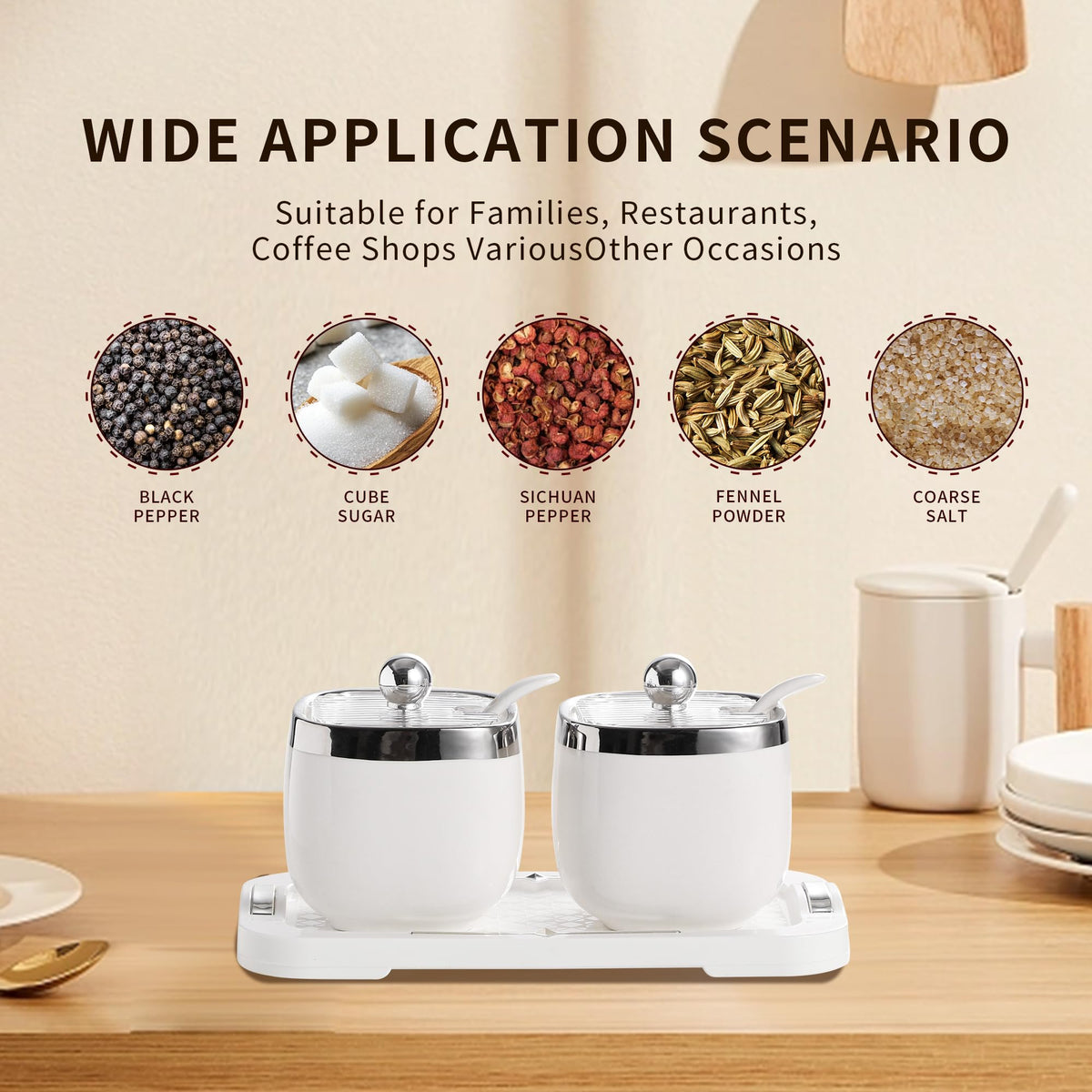 shuqiao Porcelain Condiment Jar Spice Container with Lid - Ceramic Spoon, Plastic Tray is the best clay pot for your home, kitchen, counter. White, 280 ml (9.4 oz), 2-piece set (3, Circle)