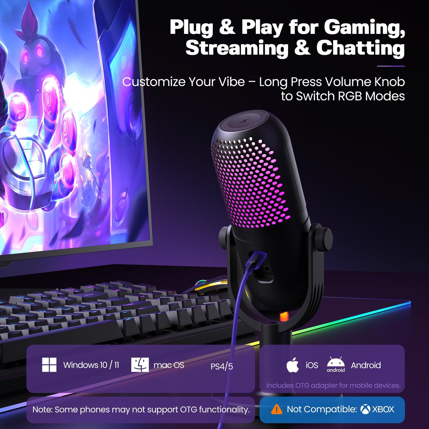 USB Microphone for PC Gaming: Condenser Microphone RGB for Gamer with Stand Mic - Recording Mic for Computer&Laptop with Qiuck Mute - Desk Podcast Mic for Podcast & Singing & Streaming & Youtube Black