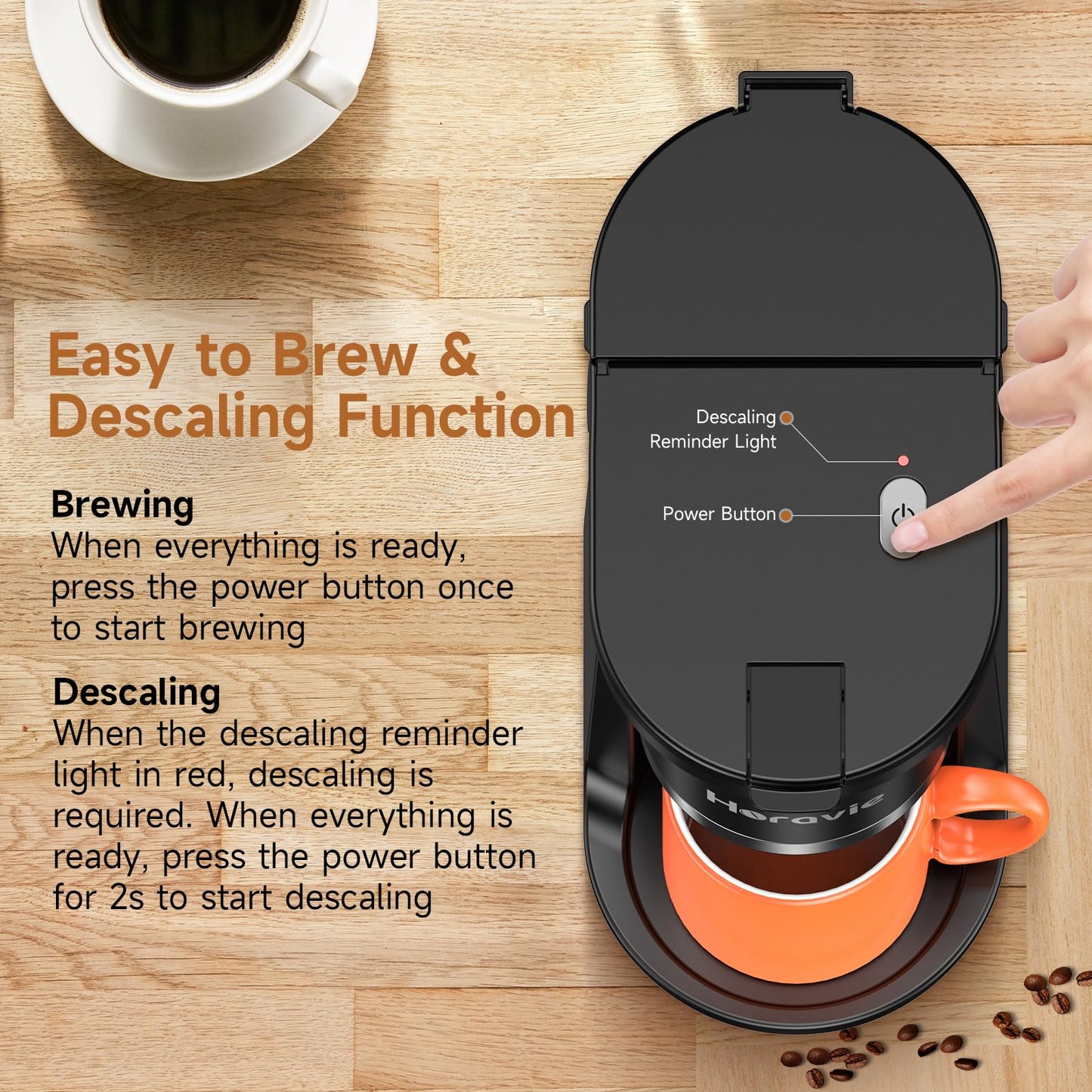 Horavie Small Single Serve Coffee Maker, Fast Brew One Cup Coffee Machine for K Cup and Grounds, 6 to 12 oz. Brew Sizes, Pod Coffee Maker with Descaling Reminder and Viewing Tank, Black