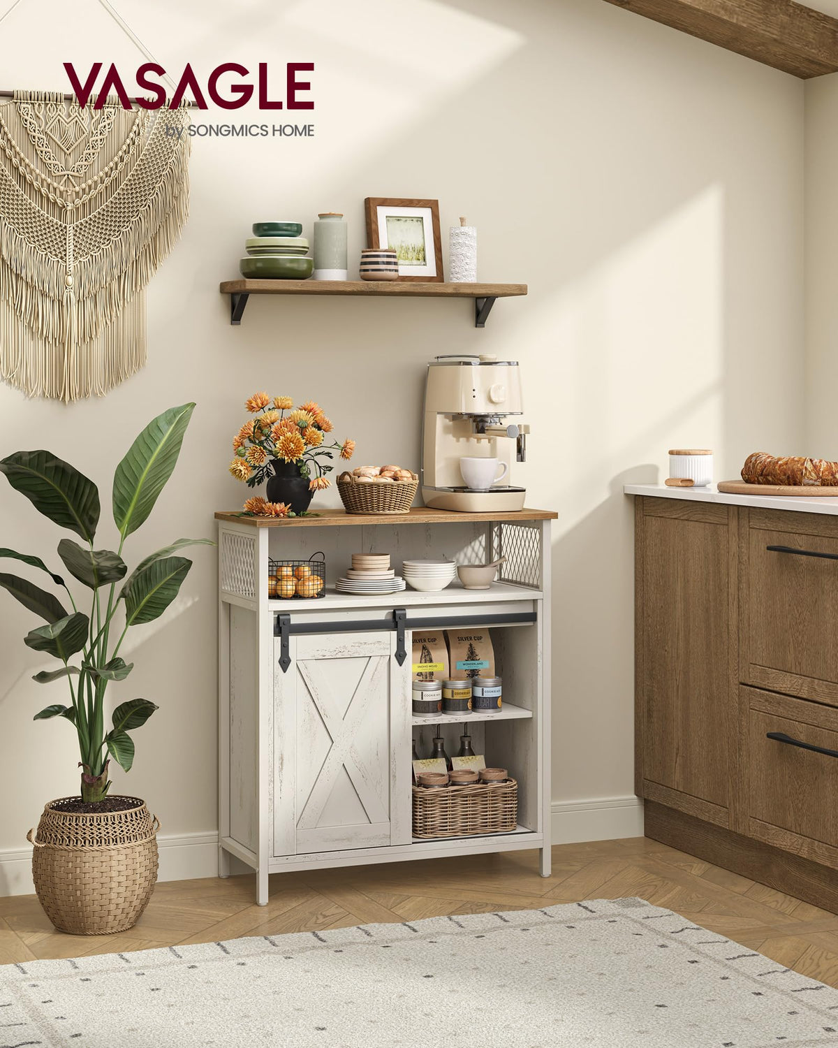 VASAGLE Buffet Cabinet, Coffee Bar Storage Cabinet, Sideboard with 1 Sliding Barn Door, Adjustable Shelves, 11.8 x 27.6 x 31.5 Inches, for Living Room, Rustic White and Honey Brown LSC089WJ02S
