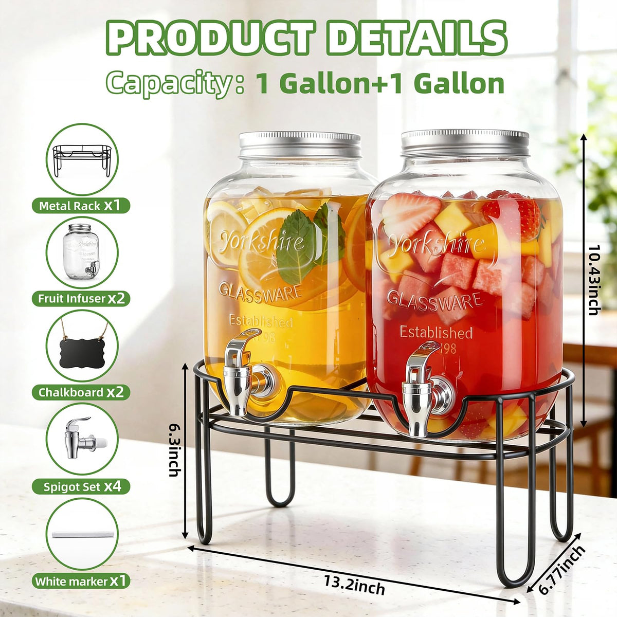 1 Gallon Glass Drink Dispensers For Parties, 2 Pack Beverage Dispenser，Lemonade Dispenser With Fruit Infuser And Stand For BBQ, Picnic, Party,Sun Tea