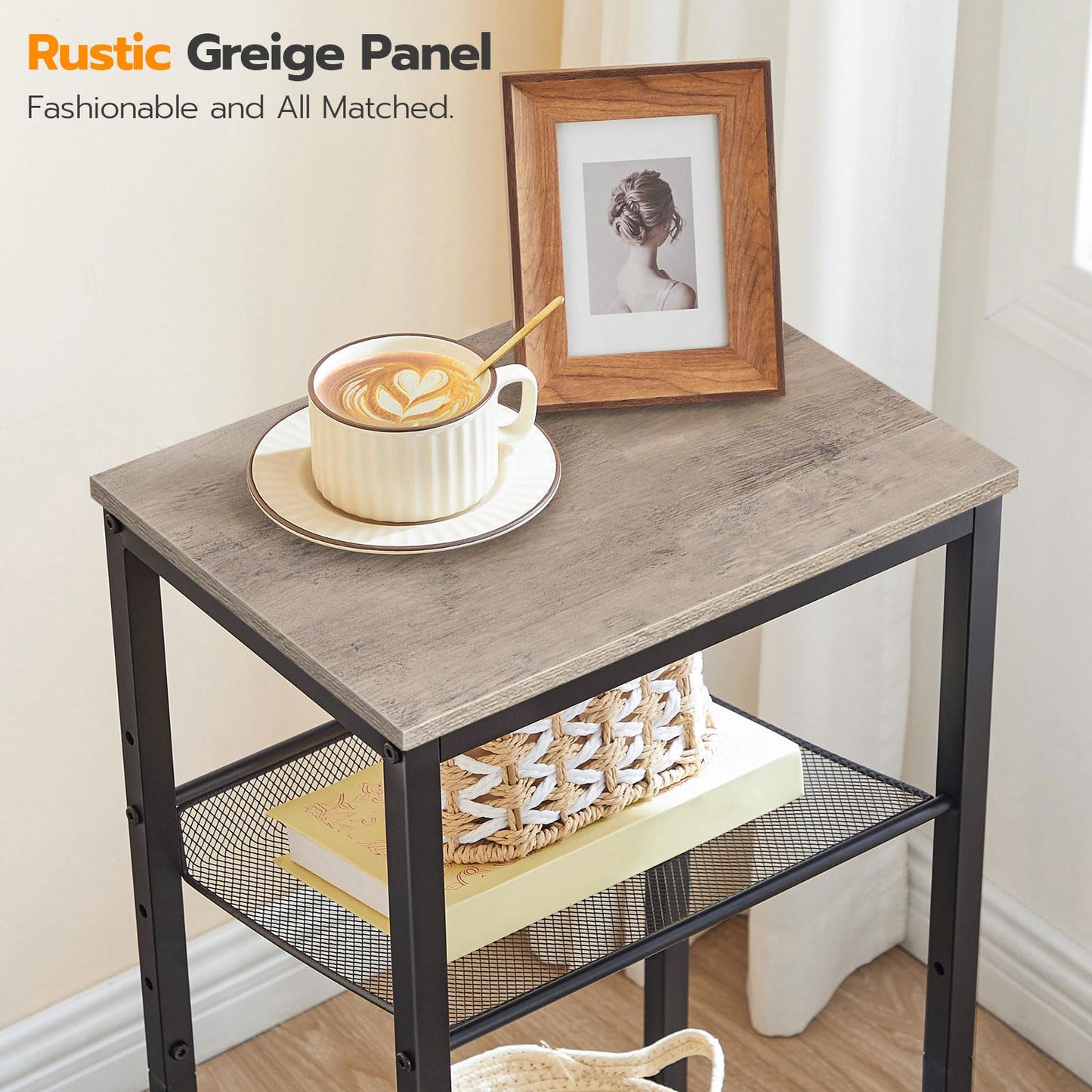 HOOBRO Tall Side Table, 3-Tier Telephone End Table with Adjustable Mesh Shelves, Small Entryway Table with Storage, Small Nightstand for Living Room, Bedroom, Hallway, Office, Greige BG01DH01G1