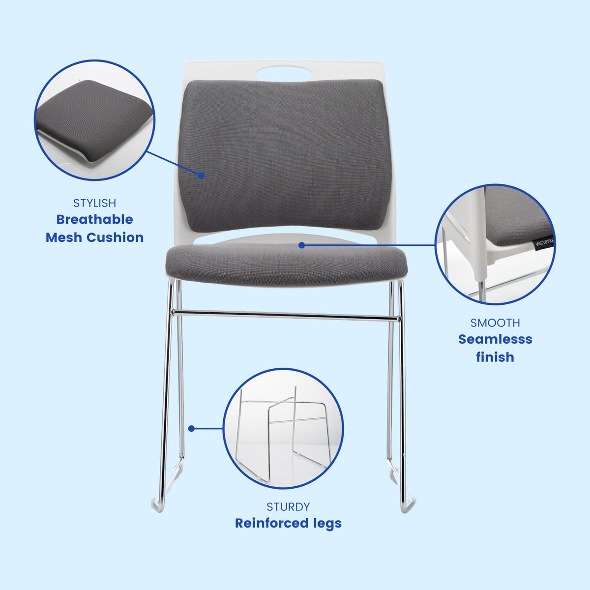 VACYOVKE 4 Pack Stacking Chairs 1102LB Capacity Home Office Guest Chair Set With Sled Base, Modern Reception Chair for Kitchen, Waiting Room, Multi-Purpose, Break Room, Training, Cafeteria, Gray Color