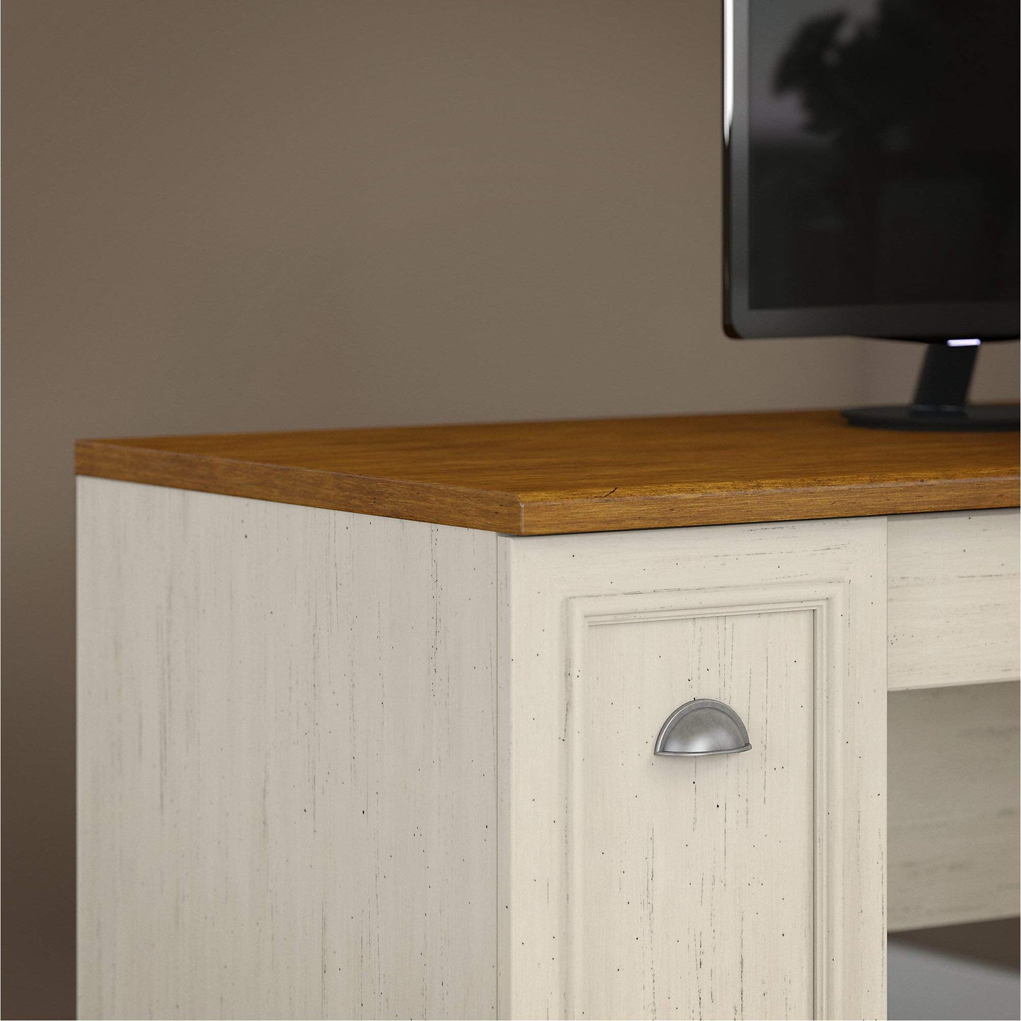 Bush Home Fairview 60W L Shaped Desk with Hutch, Lateral File Cabinet and 5 Shelf Bookcase in Antique White and Tea Maple
