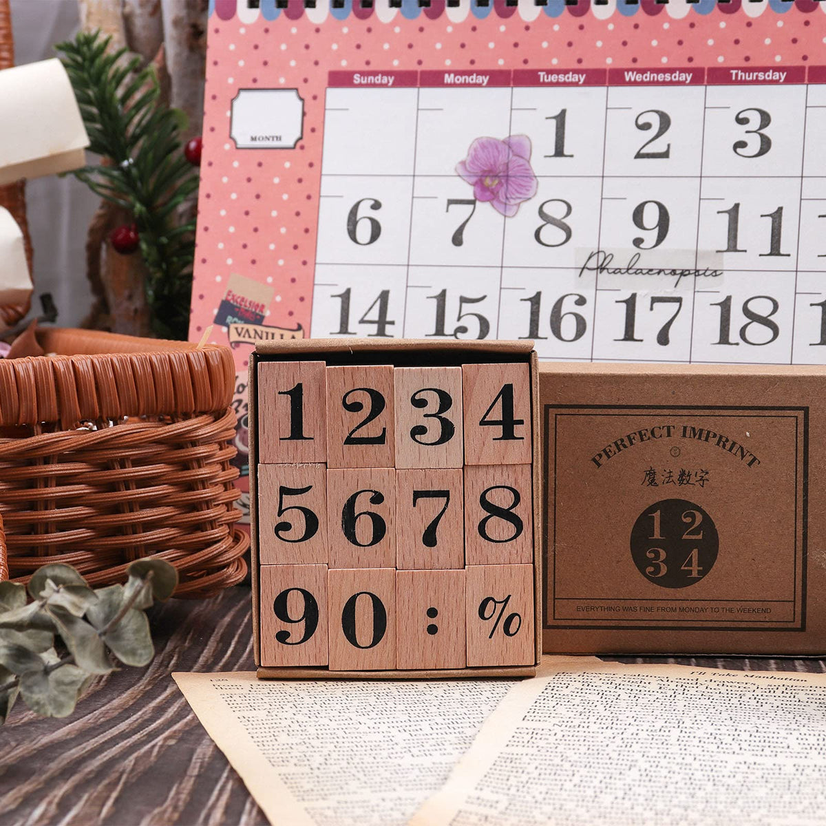 Dizdkizd 12 Pieces Wooden Rubber Stamps, Small Number 0-9 Decorative Multipurpose Wood Mounted Rubber Stamp Set for DIY Craft, Letters Diary and Craft Scrapbooking