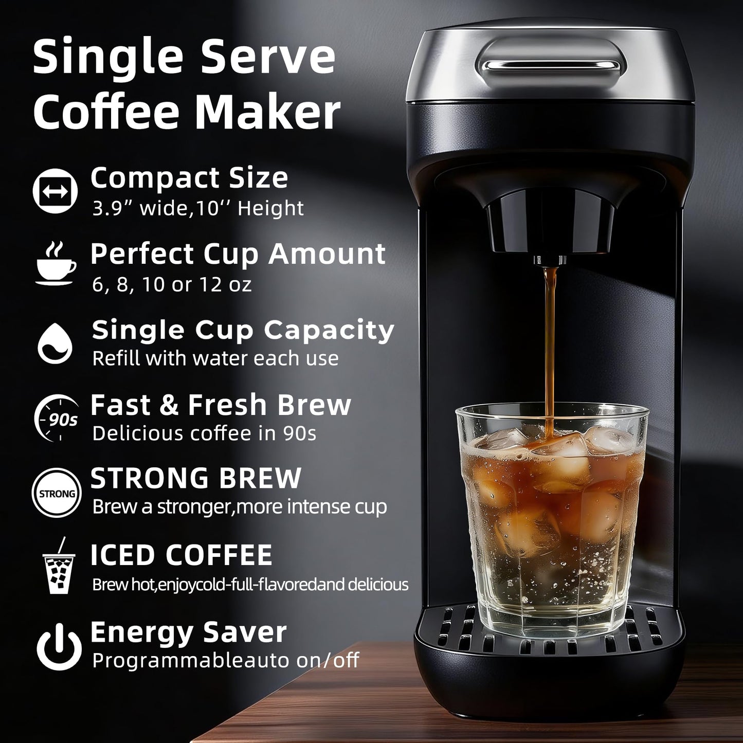 Greatogo Small Single Serve Coffee Maker for K Cup and Ground Coffee, Fast Brew One Cup Coffee, 6 to 12 oz. Brew Sizes, Machine with Descaling Reminder and Water Window, Black