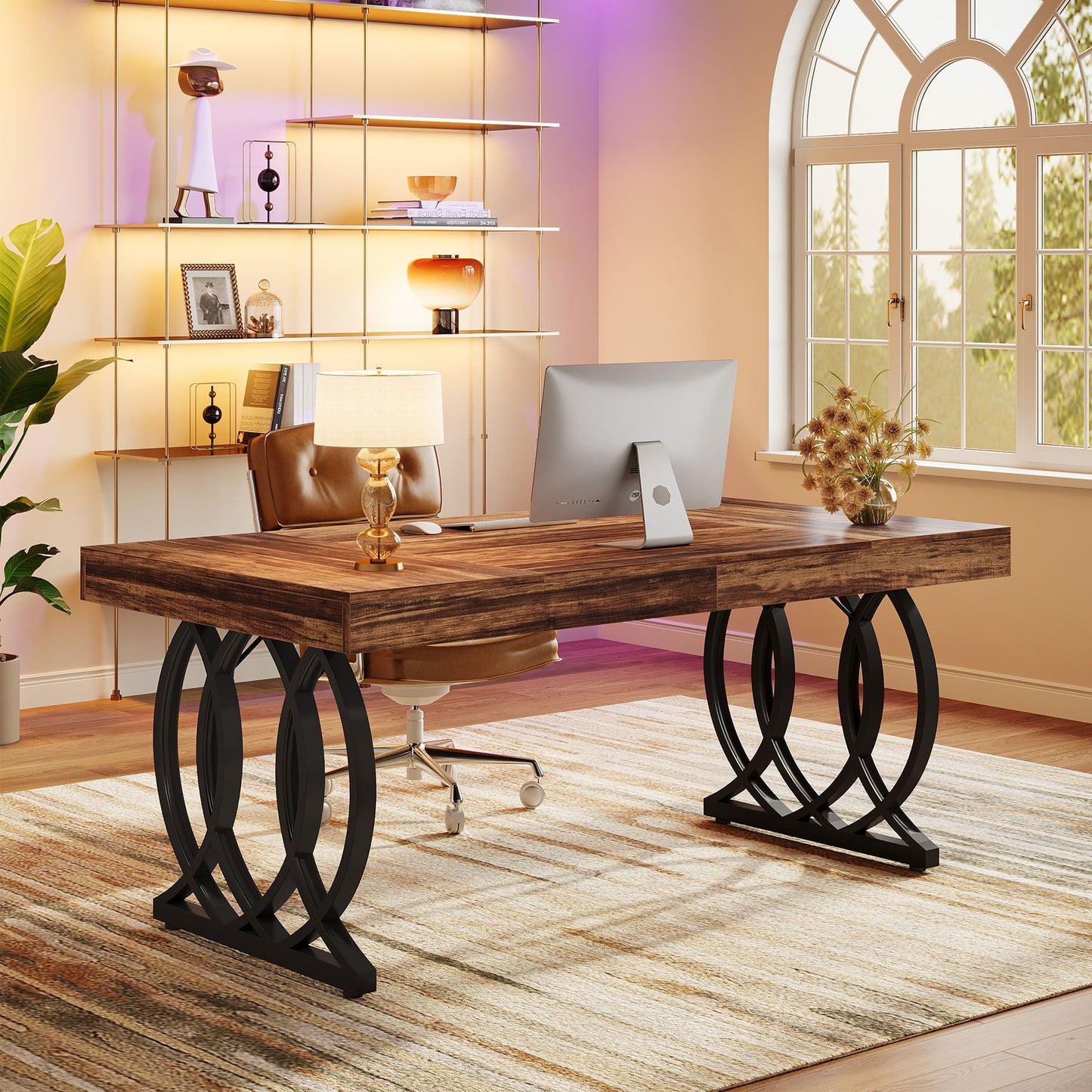 Tribesigns 63-Inch Executive Desk, Modern Office Computer Desk with Stylish Gold Legs, Rectangular Workstation for Home Office, Small Conference Table for Meeting Room (Brown & Black)