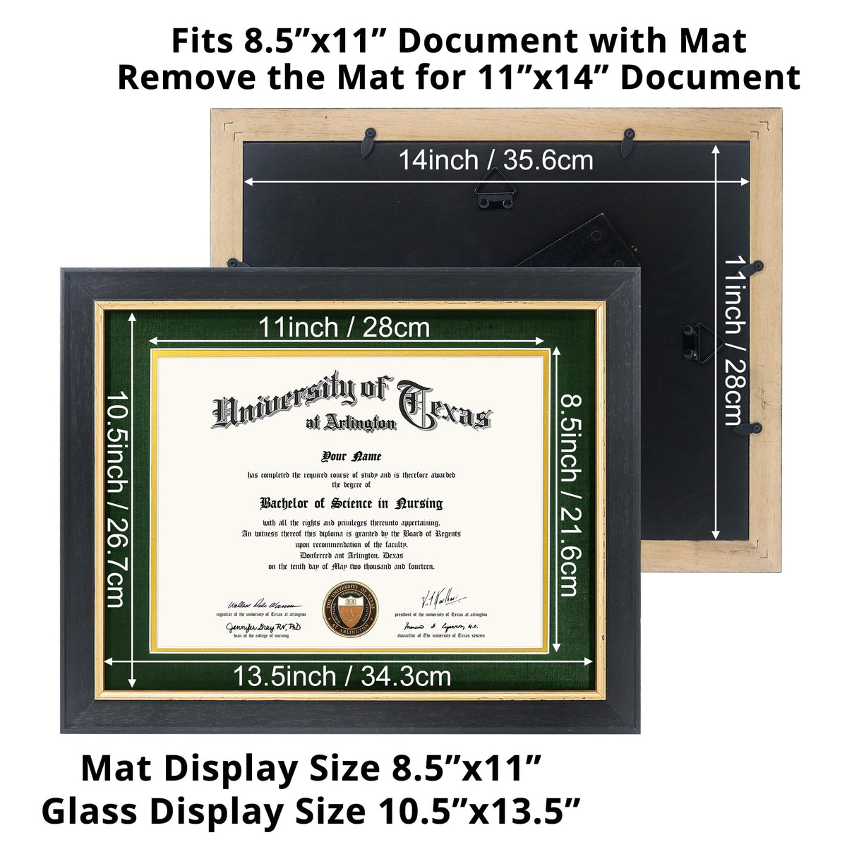 GMFrames 8.5x11 Wood Diploma Frame with Green Mat or Display 11x14 Certificates without Mat,Tempered Glass,Rustic Black Finish with Gold Trim