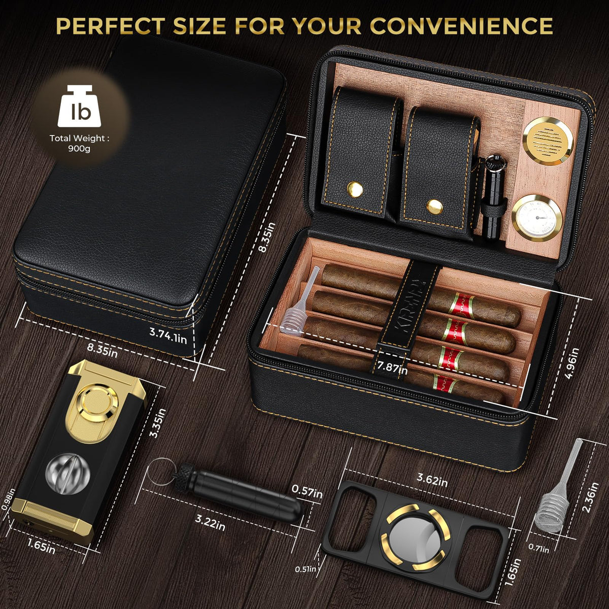 Travel Cigar Humidor Set, 2-Layer Design & CedarWood Lined, with Cigar Lighter Built-in V Cutter&Holder, Cigar Cutter, Draw Enhancer, Hygrometer, Humidifier, Portable Leather Cigar Case, Gifts for Men