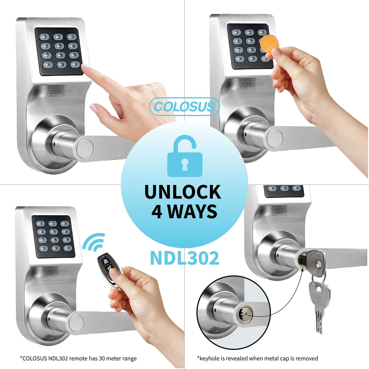 Electronic Smart Door Lock, Keyless Entry with Keypad, Key Fobs, Remote Control, Keys for Home, Office or Commercial, Silver NDL302