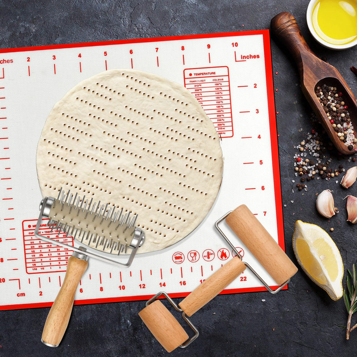 Elesunory 3pcs Pizza Tool Set, Include Pizza Docker, Pizza Dough Roller and Silicone Baking Mat, Dough Docker, Non Slip Baking Mat, Wooden Rolling Pin for Pizza, Cookie, Pie, Pastry, Bread