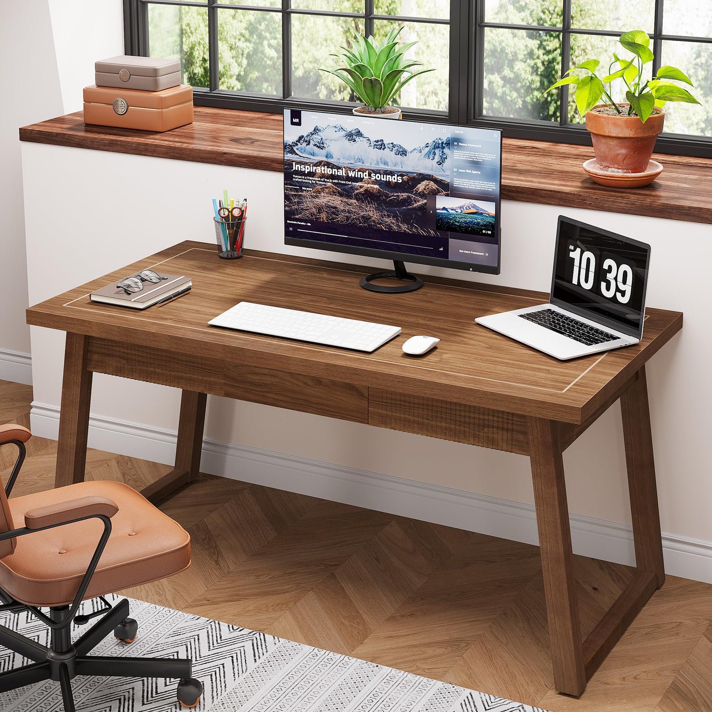 Tribesigns Home Office Executive Desk: 55 Inches Wooden Computer Desk with Drawer, Mid-Century Modern Study Writing Table, Rustic PC Laptop Desk Workstation Furniture, Walnut Brown