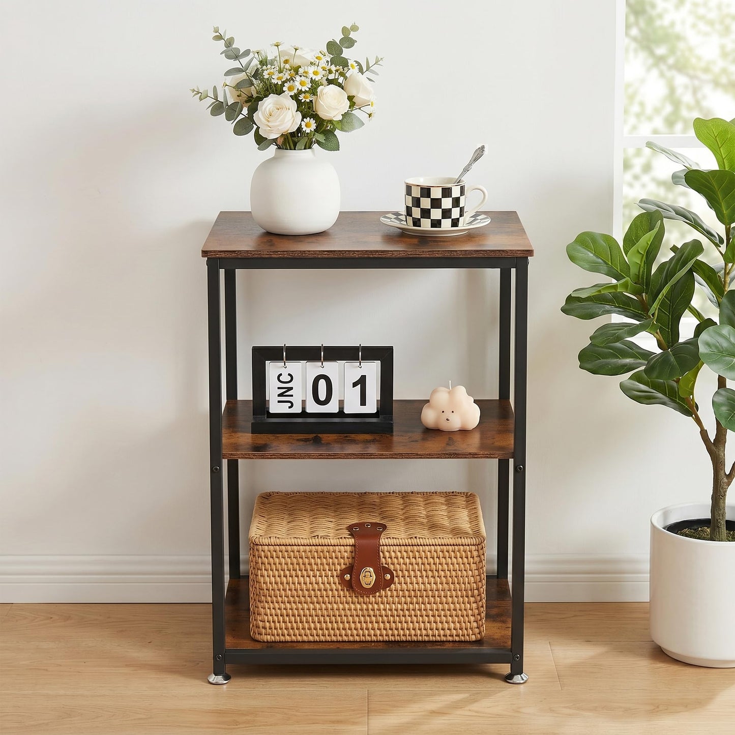 VECELO Tall End Side Table,30" Height Nightstand with 3-Tier Storage Shelf for Living Room Bedroom Office Hallway Study