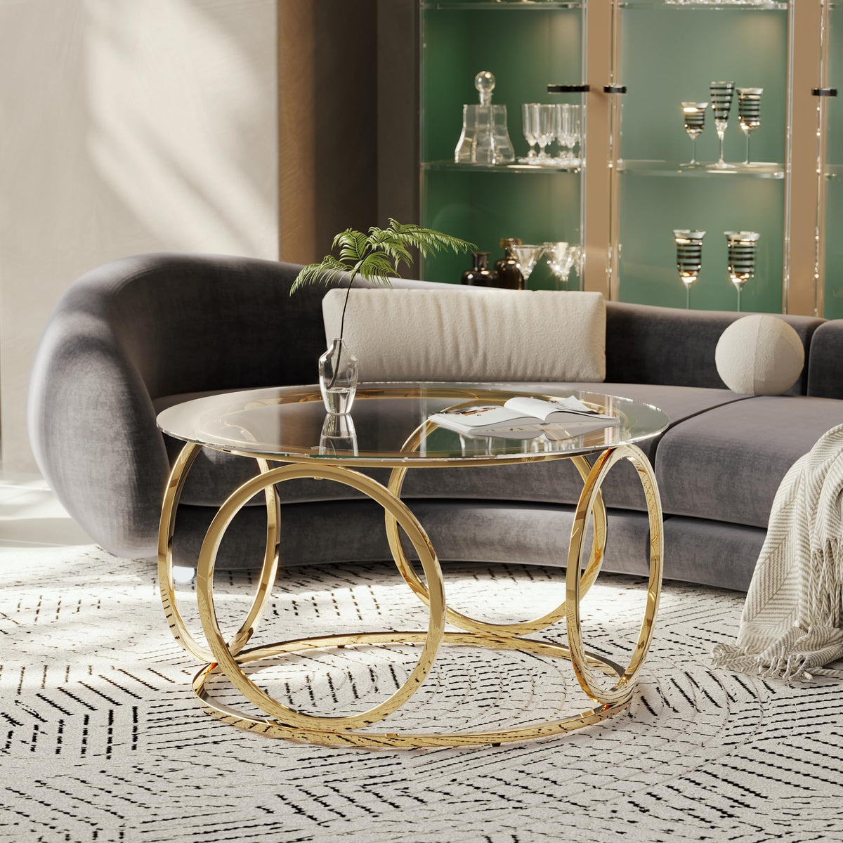 GDFStudio 31.5" Luxury Round Coffee Table with Circular Metal Frame, Tempered Glass Top Modern Coffee Table, Small Round Center Table for Living Room Small Space Office Lounge, Easy Assembly, Gold