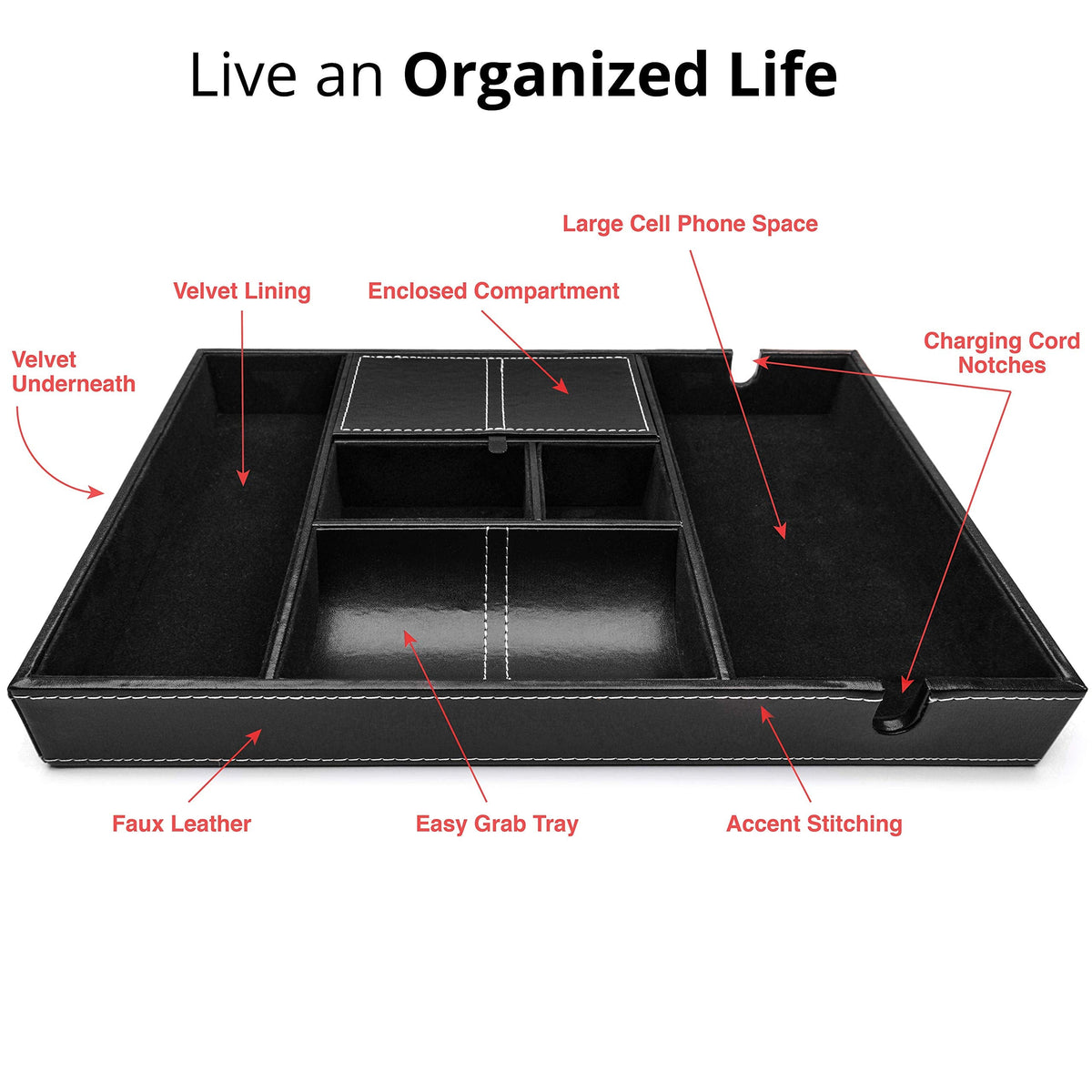 ULTRAY, Valet Tray for Men, Nightstand Organizer, Entry Table Organizer, Catch All, Black Faux Leather Box, 6 Compartments
