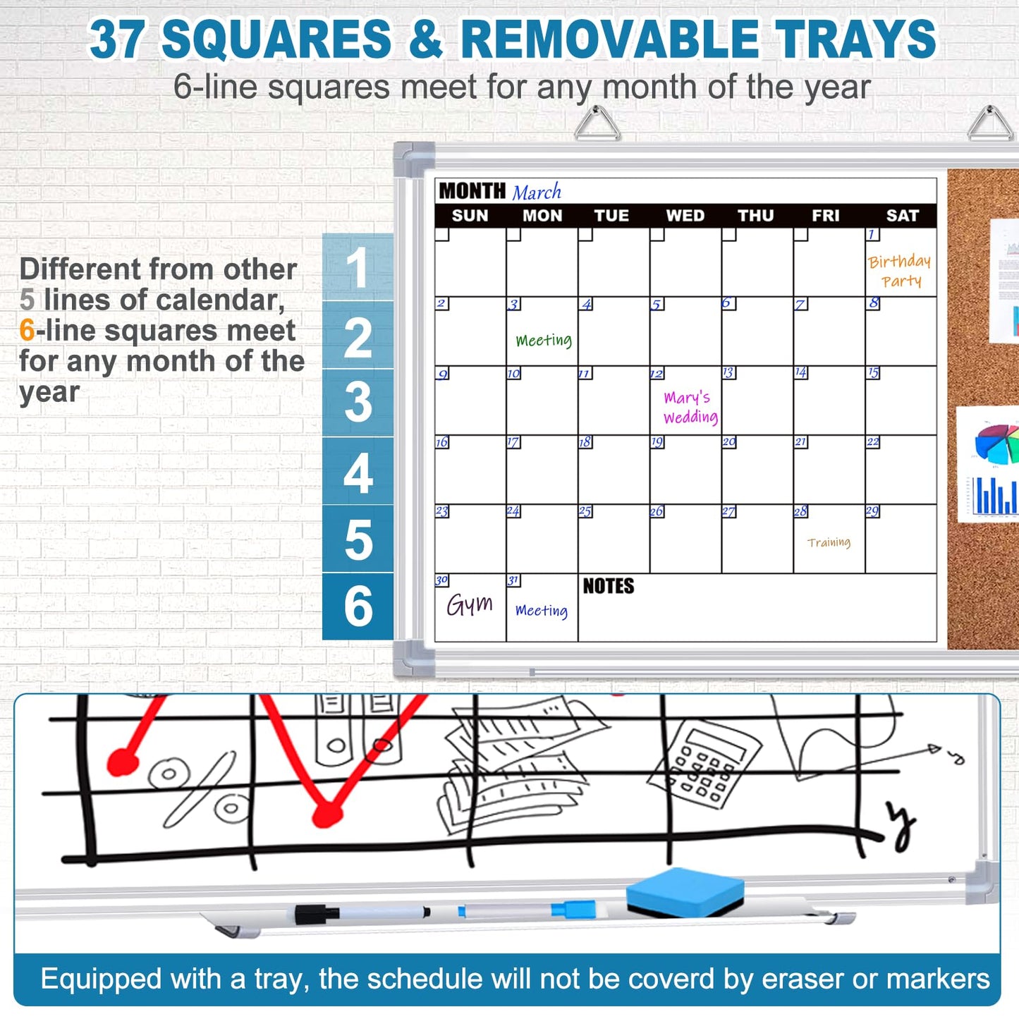 YUYIUS Calendar Whiteboard for Wall, 16" x 12" Double Sided Monthly Dry Erase Board Calendar for Office, Home, School, Hanging Cork Board White Board Combo, Portable Magnetic Dry Erase Planner Board