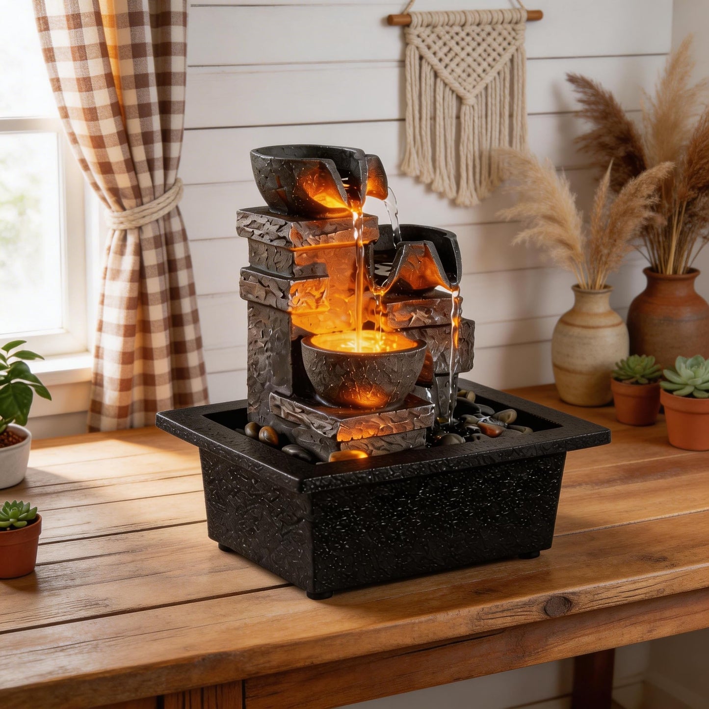 MAOCHI Indoor Fountain 3-Bowl Rockery Soothing Sound Tabletop Fountains Home/Office Decor with Natural River Rocks LED Lights Automatic Watering Pump(22044A)