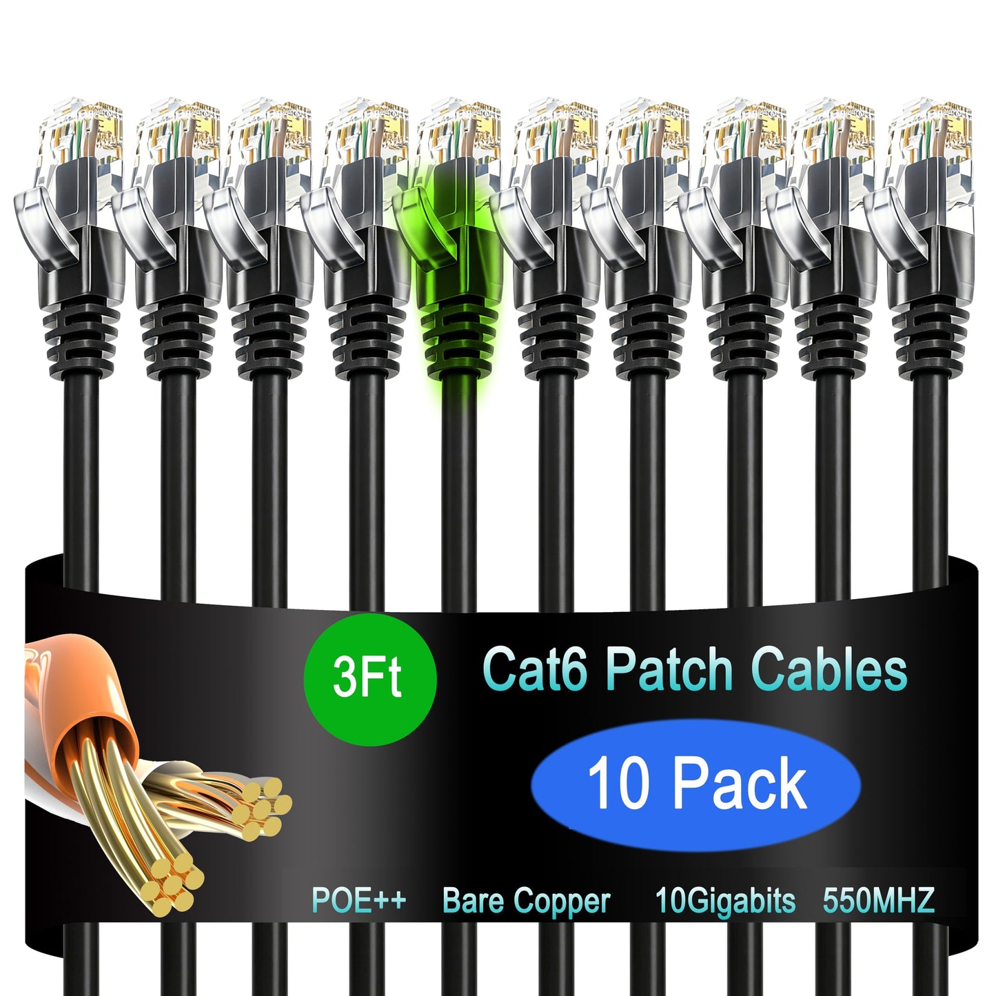 Lysymixs Cat6 Ethernet Cable 3 ft (10 Pack) - 10G Network Patch Cable for Data Centers, Home and Enterprise Networks - Black