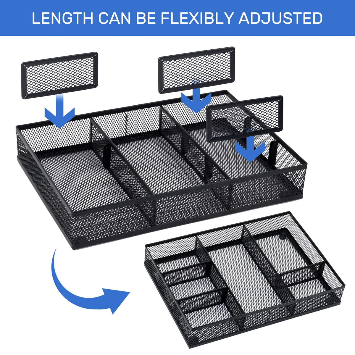 Neudeco Desk Drawer Organizer with 6 Adjustable Dividers, Metal Mesh Pen Organizer for Desk Drawer, Office Supplies Tray (Pack of 4, Black)