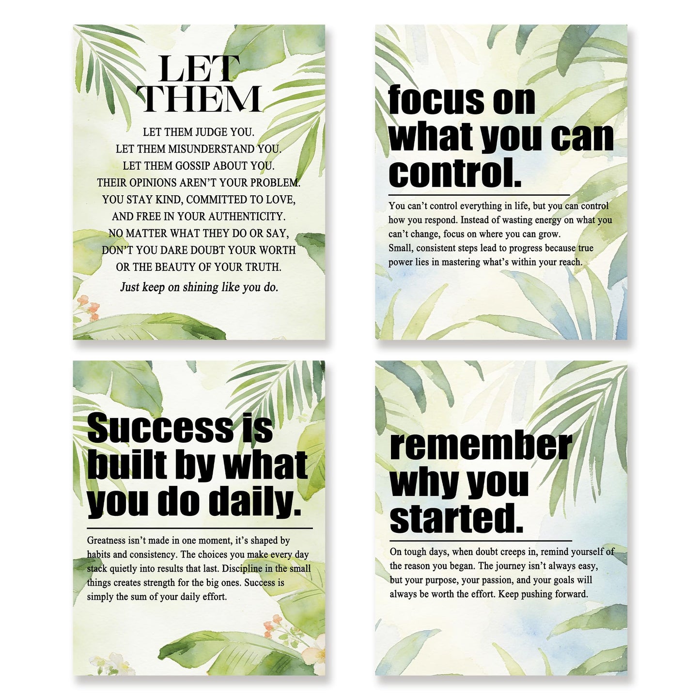 KSDUT Inspirational Wall Art Decor Set of 4 - Motivational Positive Quote Artwork Poster Prints Office Wall Decor Green Leaf Picture Wall Art for Home Workplace Bedroom Decorations - 8"x10" Unframed