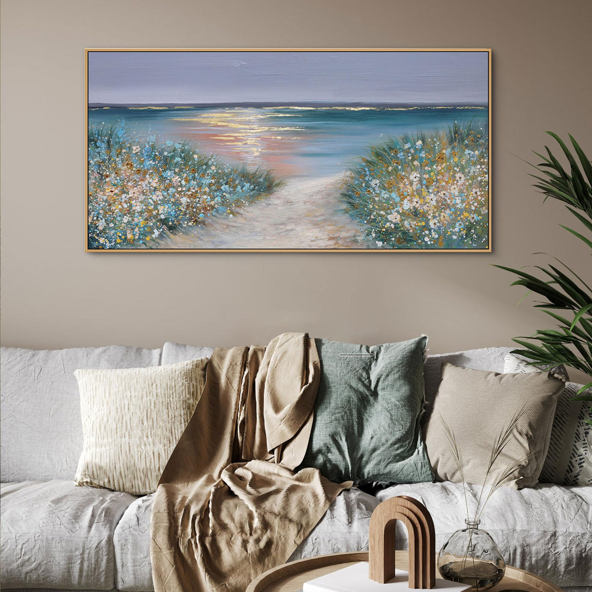 yiijeah Beach Wall Art Large Landscape Canvas Coastal Gold Picture Horizontal Artwork for Walls Ocean Prints Big Paintings Living Room Bedroom Office Home Decor 40x20 Inches