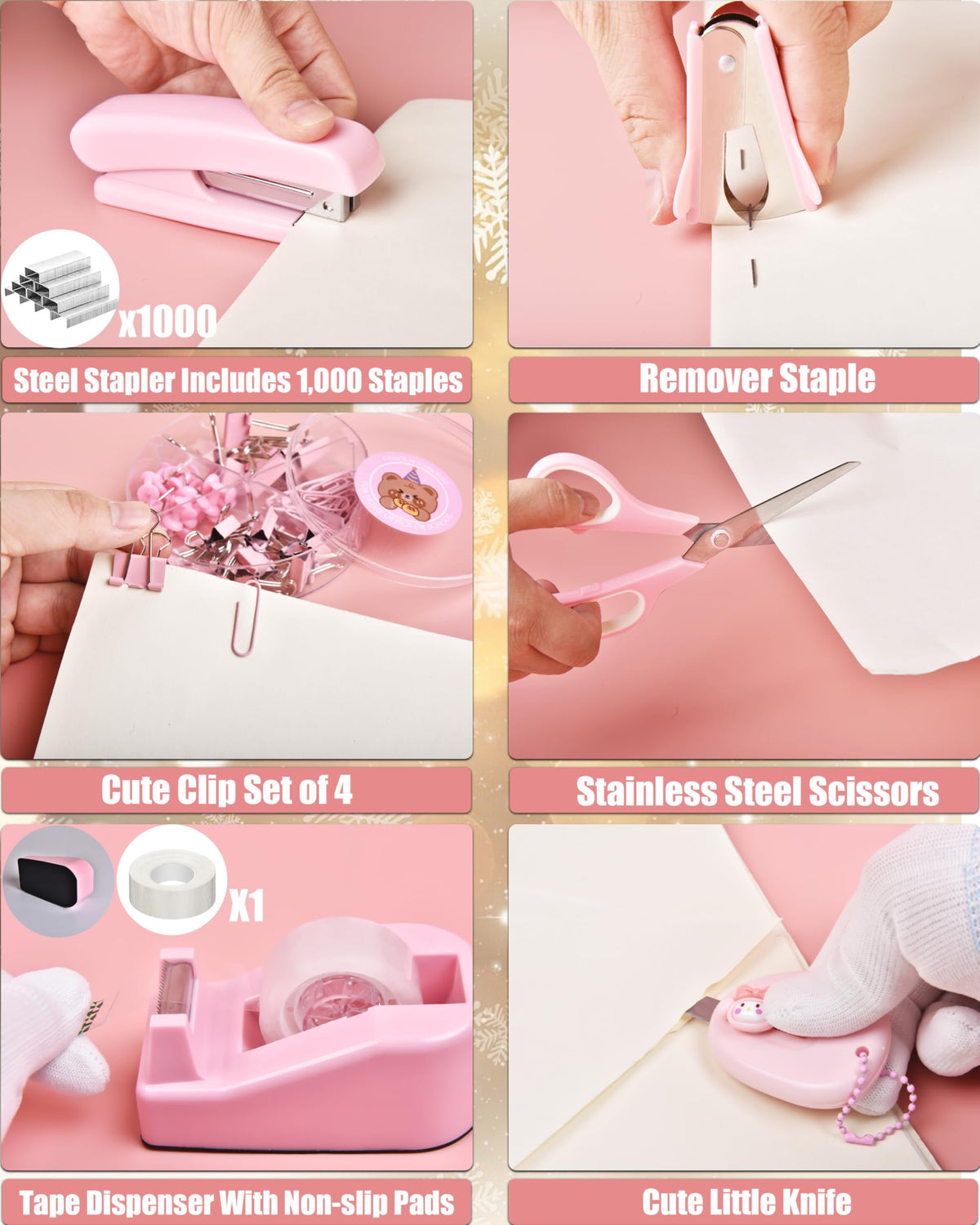 Pink Desk Accessories, 24Pcs Pink Office Supplies and Desk Organizers, with Tape Dispenser, Stapler, Staple Remover, Ect, Gift Box Packaging