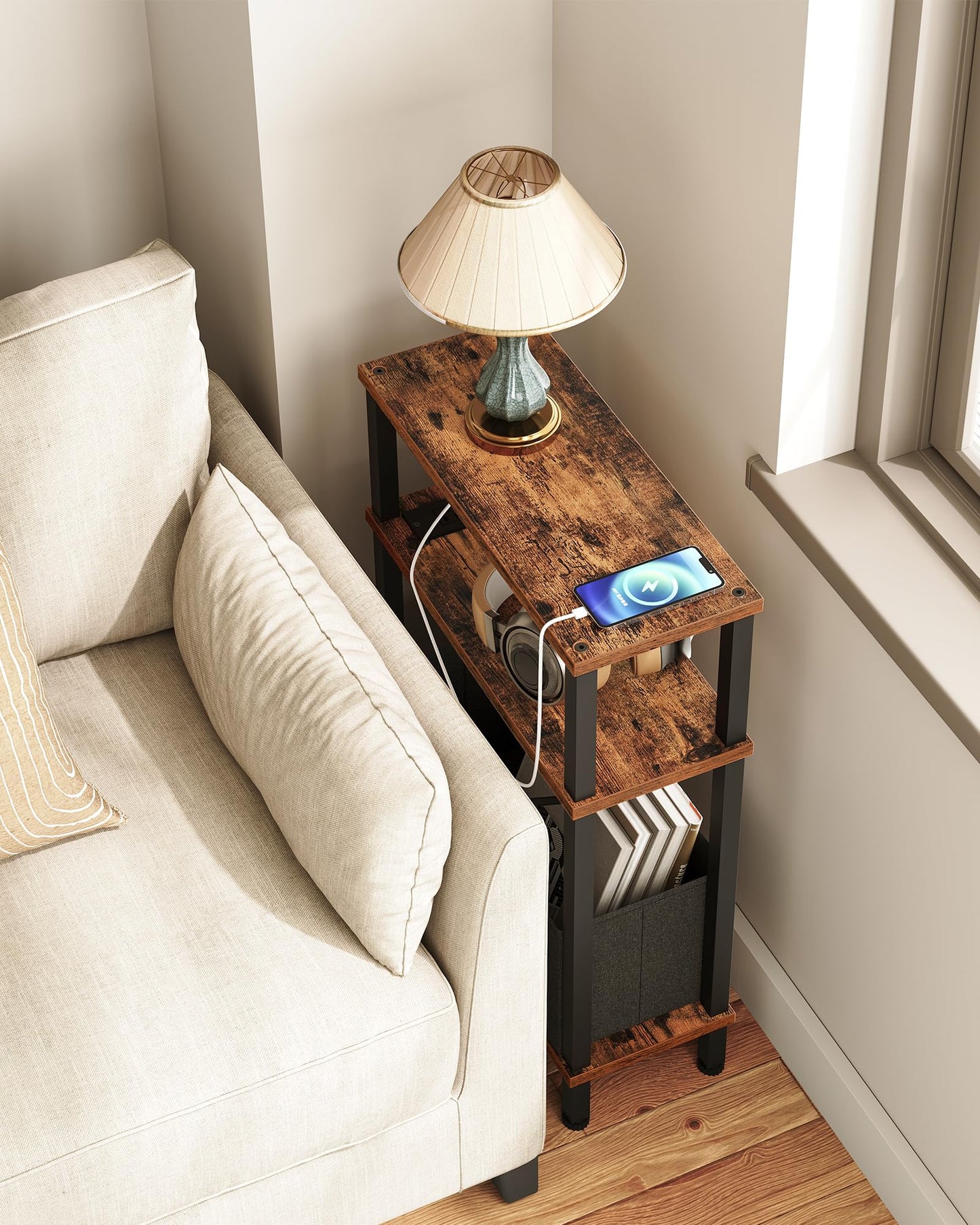 CHOEZON Small Narrow Side Table with Charging Station, Skinny End Table with Fabric Basket, Slim Nightstand for Small Spaces, Sofa Side Table, for Living Room, Bedroom, Rustic Brown and Black TBZ07UBF