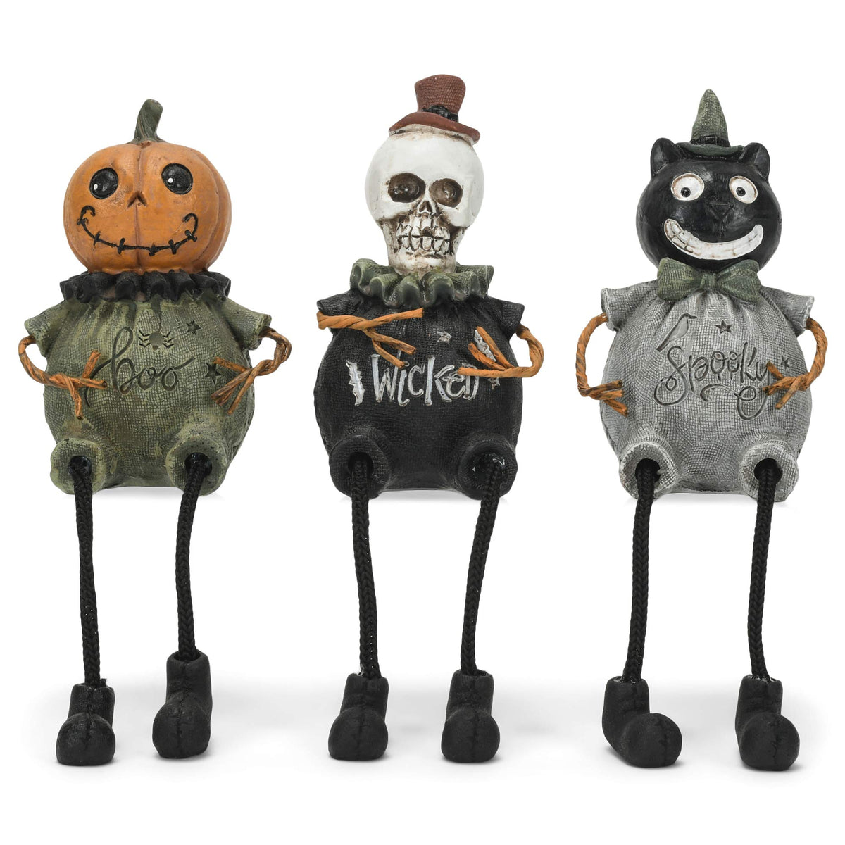Transpac Boo Wicked Spooky Green 7.5 x 2.25 Resin Decorative Tabletop Figurine Shelf Sitter Set 3