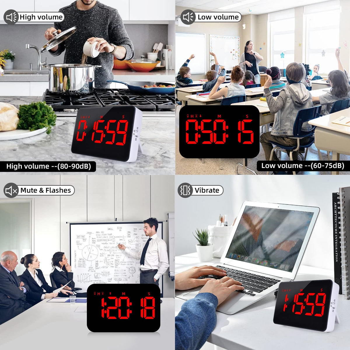 PERSUPER Digital Timer Kitchen Timer Count Down Up Rechargeable Kitchen Gadgets Vibration Mode Adjustable Volume and Brightness LED Display Time Management for Cook, Desk, Kids Adults Study Teaching