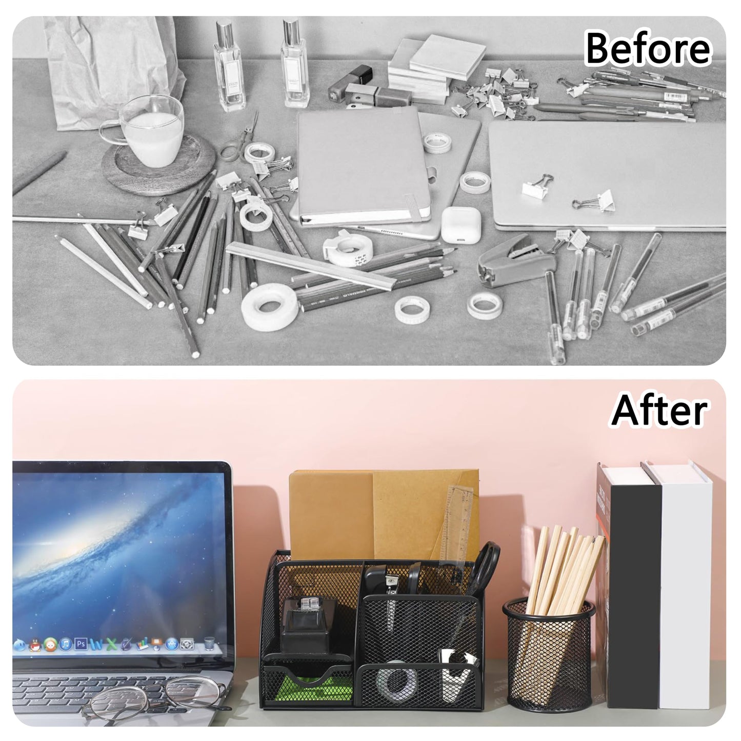 Black Office Desk Accessories Supplies, 12pcs Desk Organizers and Accessories with Tape dispenser and Stapler,Staples,Staple Remover,Pen Holder,Scissor,Ruler,Sticky Tabs,Tape,Ballpoint Pen,Clips Set