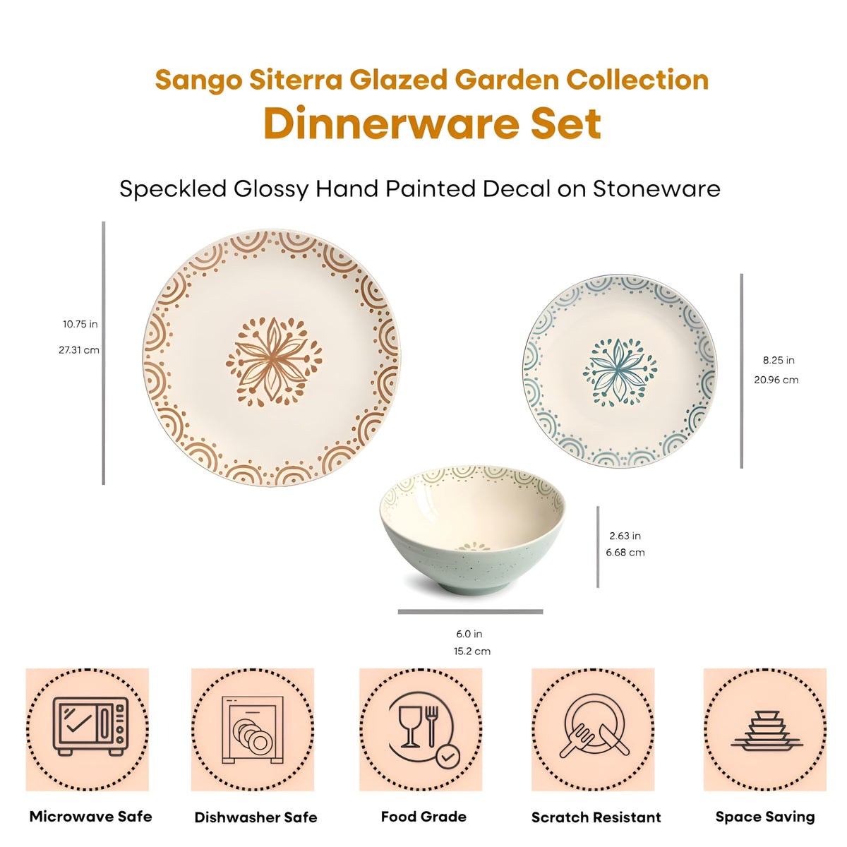Sango 12-Piece Speckled Stoneware Dinnerware Set for 4- Glossy Plates and Bowls Set with Hand-Painted Floral Pattern, Rustic Ceramic Dish Set, Elegant Dishes for Everyday Dining, Siterra Glazed Garden