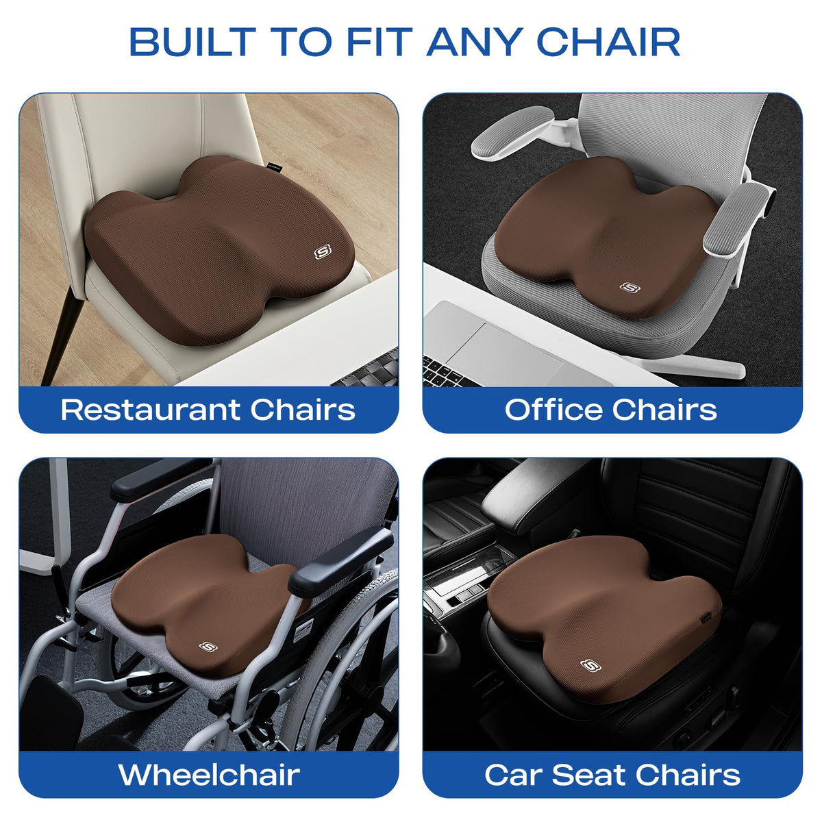 Skechers Seat Cushion, Ergonomic Memory Foam Cushion for Long Sitting Hours on Office & Home Chair, Car Seat Cushion for Sciatica, Coccyx Cushion,Brown