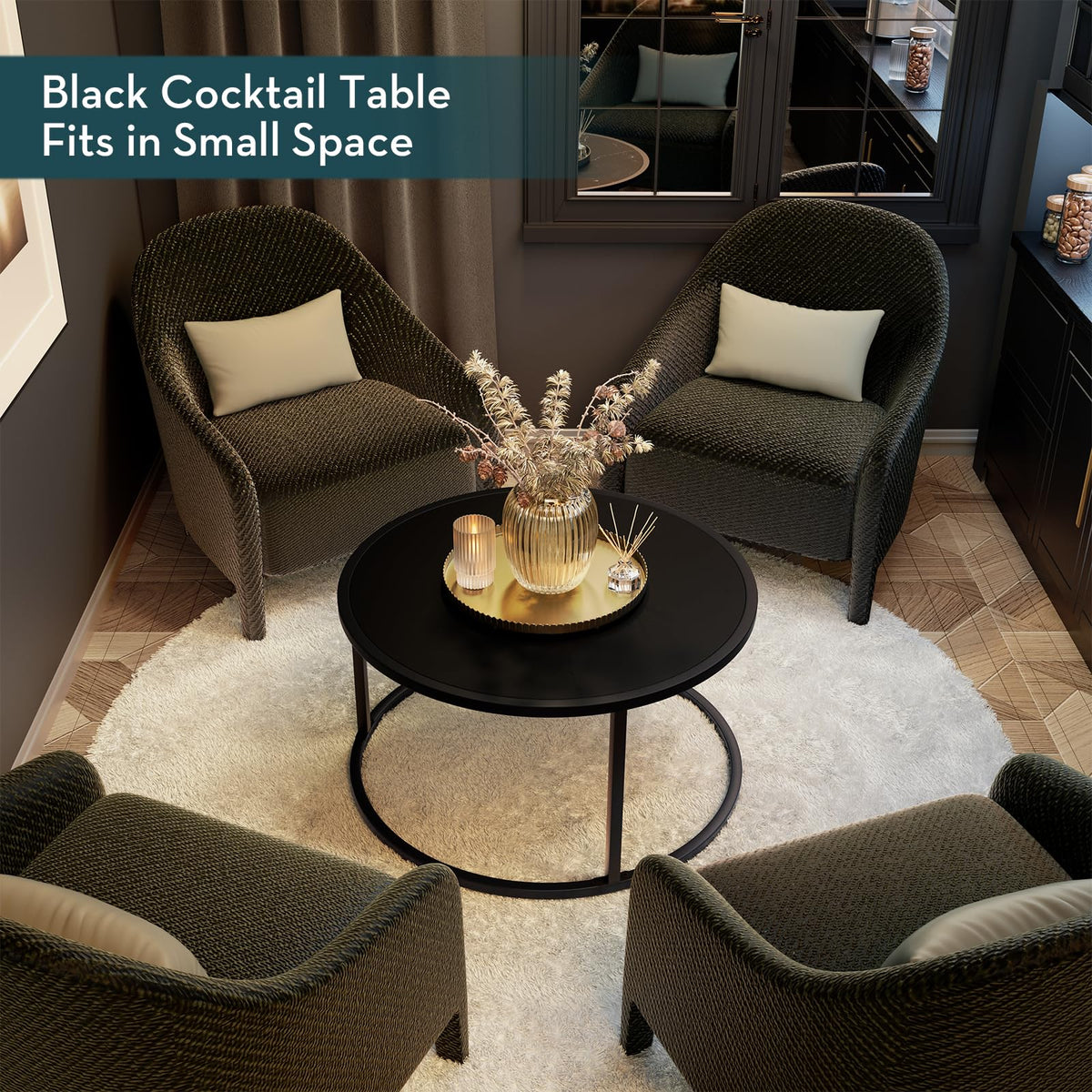 SAYGOER Small Round Coffee Table, Black Coffee Tables for Living Room, Modern Center Table for Small Space Home Office Gardern, 27.6 × 27.6 × 17.7inch, Black