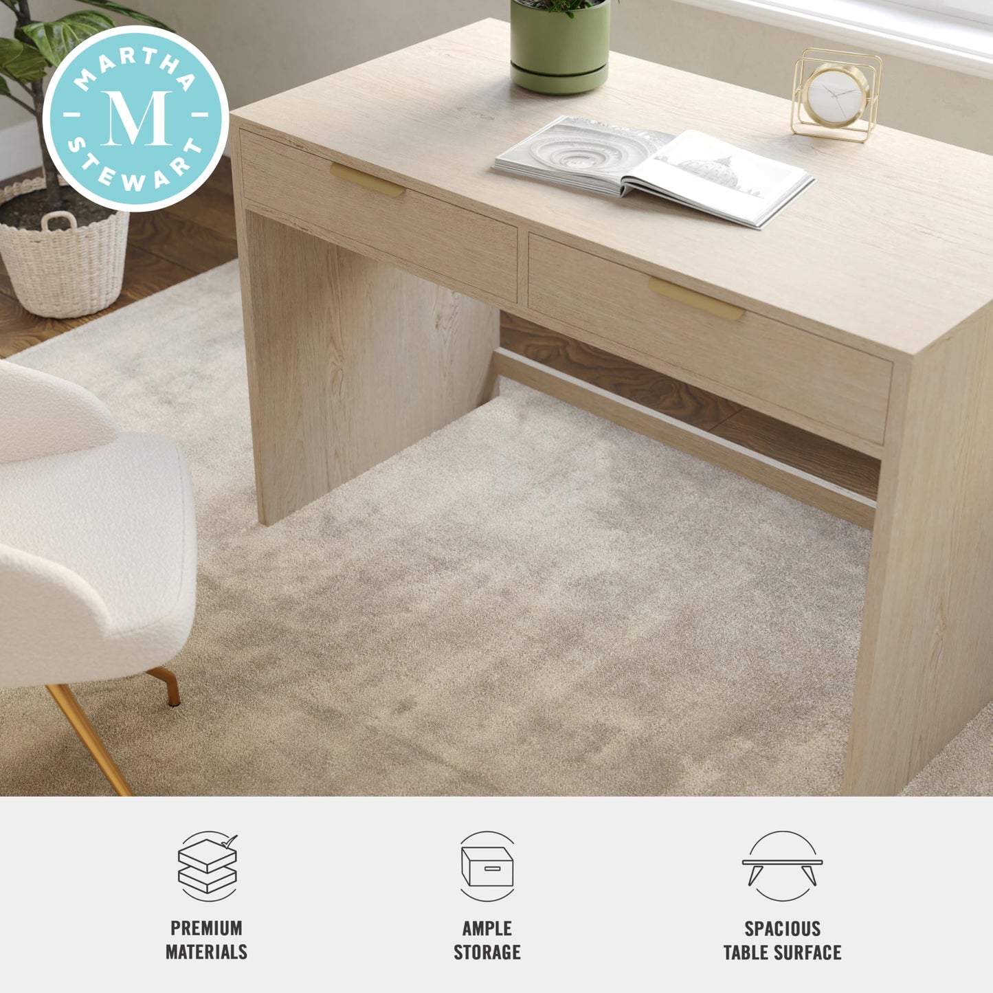 Martha Stewart Kayden Home Office Modular Desk with 2 Drawers in Light Natural with Brushed Gold Hardware