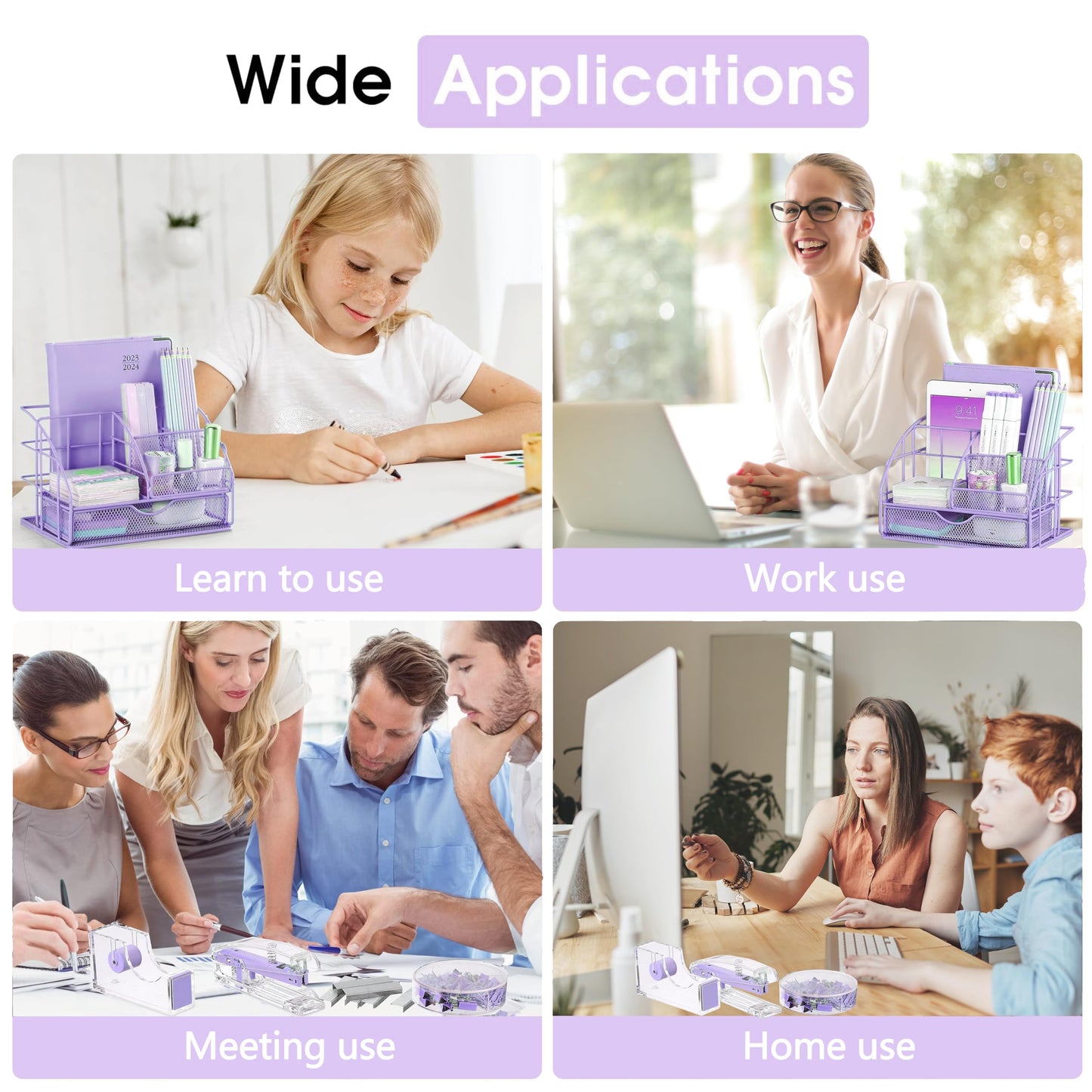 Purple Desk Organizers and Accessories, Purple Office Supplies with Mesh Desk Organizer, Acrylic Tape Dispenser and Stapler, Staples, Ballpoint Pen, Clips Set, Ruler, Scissor, Sticky Labels