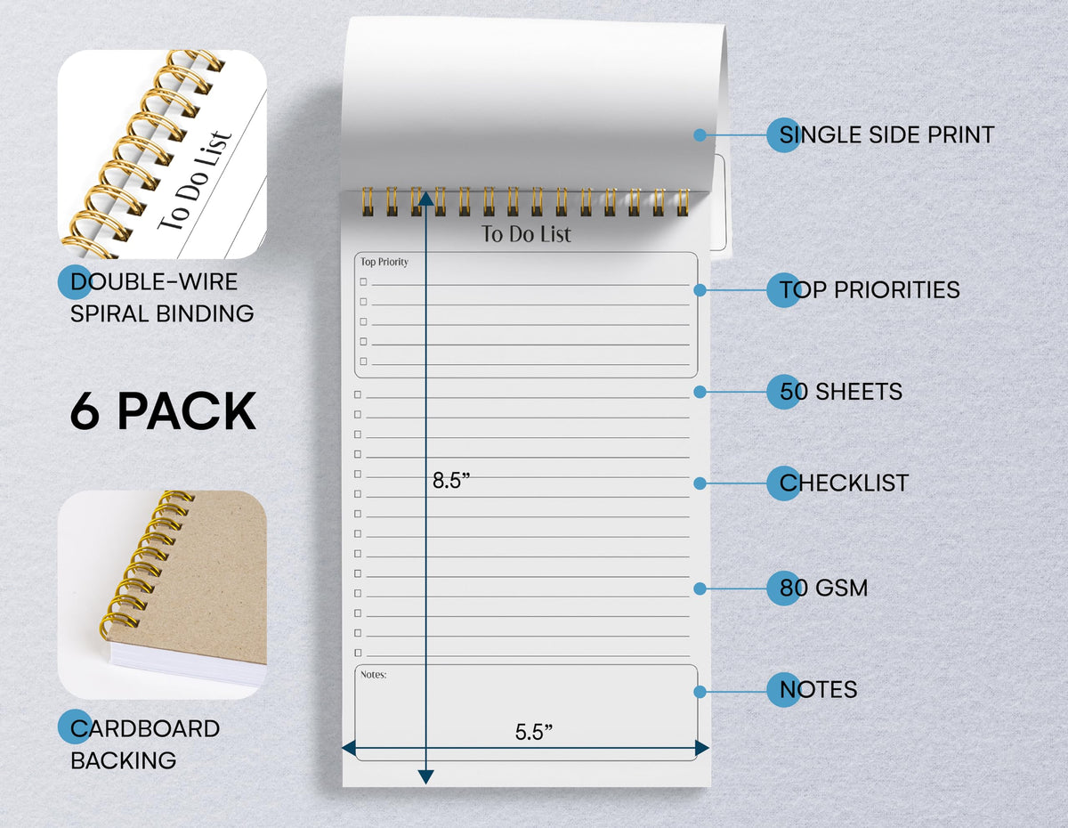 Better Office Products To Do List Mini Notepads, 5.5" x 8.5", Planning Note Pads, 50 Sheets Per Pad, Double Wire Spiral, Daily Agenda Productivity Checklist Organizer (6 Pack)