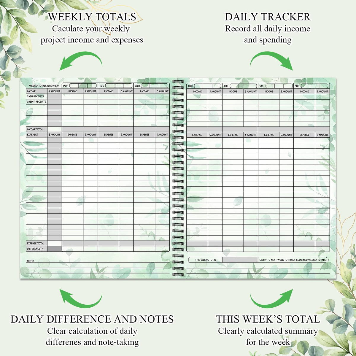 Harloon Income and Expense Log Book Eucalyptus Income and Expense Tracker Small Business Accounting Bookkeeping Ledger Book for Personal Finance Business Account Record Office Supply, 8.7 x 11 Inch