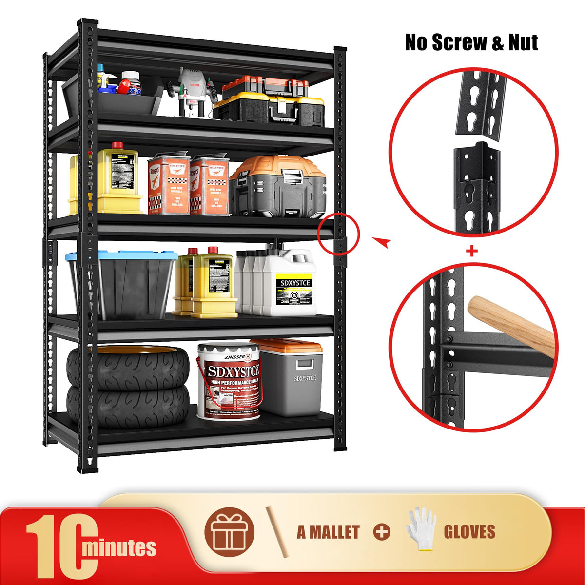 SDXYSTCE Garage Shelving Heavy Duty, 2200 Lbs Loads Garage Storage Shelves Heavy Duty, 5-Tier Metal Shelving Units and Storage for Basement, Retiple Tanks,40''Wx18 Dx72 H,Black