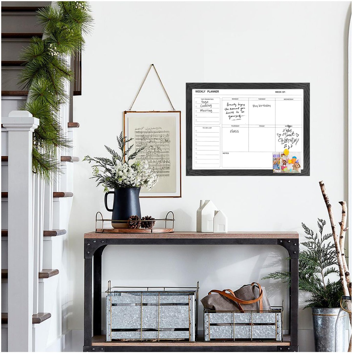 Marribol White Board Weekly Calendar Dry Erase Planner for Wall-16"X12",Black Solid Wood Frame,Minimal/Modern Design, Magnetic Whiteboard Planner for to Do List, Memo, School, Home, Office, Kitchen