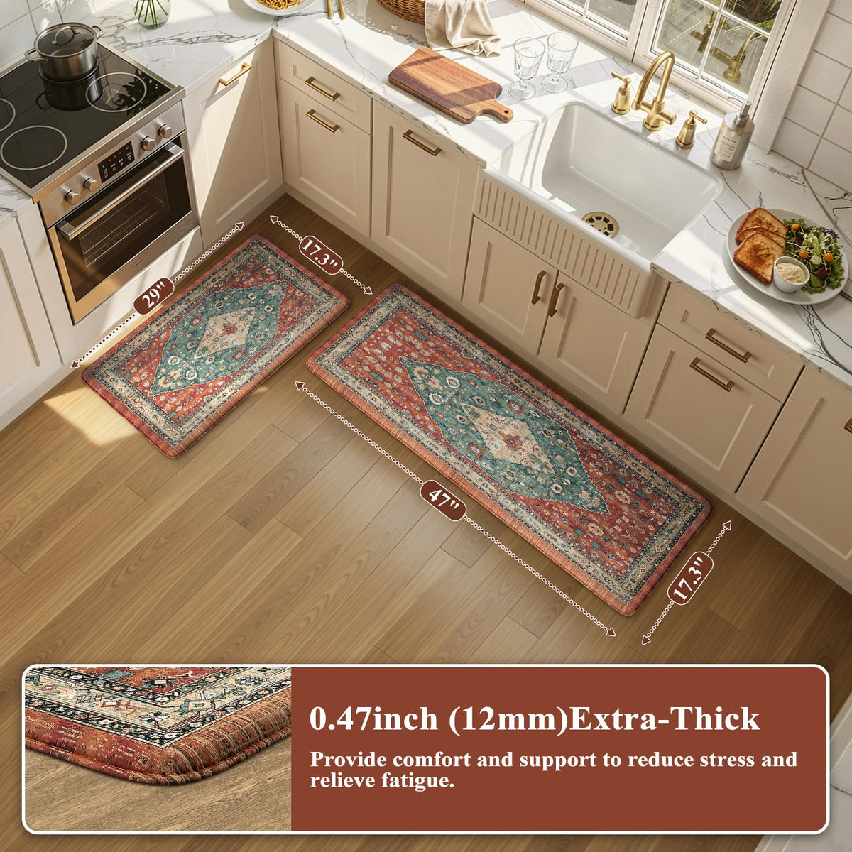 Collive Boho Kitchen Mats 2PCS, Cushioned Kitchen Mat for Floor Anti Fatigue Waterproof Kitchens Rugs Set of 2, Non Skid Comfort Standing Rug for Office, Sink, Laundry, 17.3"x29"+17.3"x47"