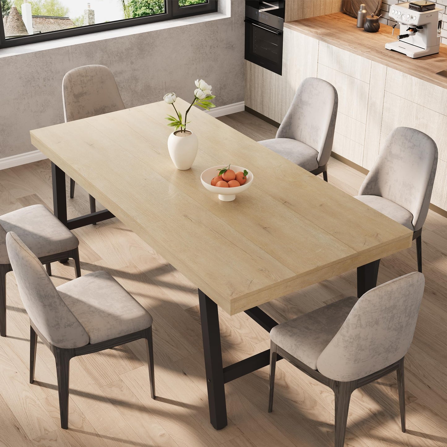 GarveeHome Industrial Dining Table for 6-8 People, 70.87" Long Large Kitchen Table with Sturdy Metal Frame, Rectangular Counter for Dinner, Kitchen, Dining Room (Natural, 71" Non-extendable)