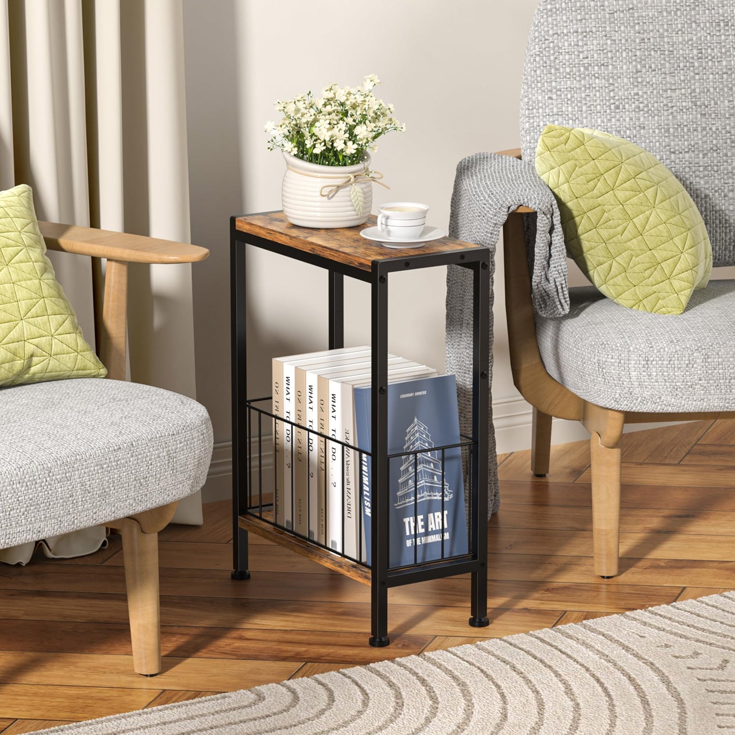 Lifenite Narrow Side Table, Skinny End Tables with Magazine Holder, Small Sofa Table for Small Spaces, Space-Saving Design, Slim Nightstand Bedside Table for Living Room, Bedroom, Office, Rustic Brown