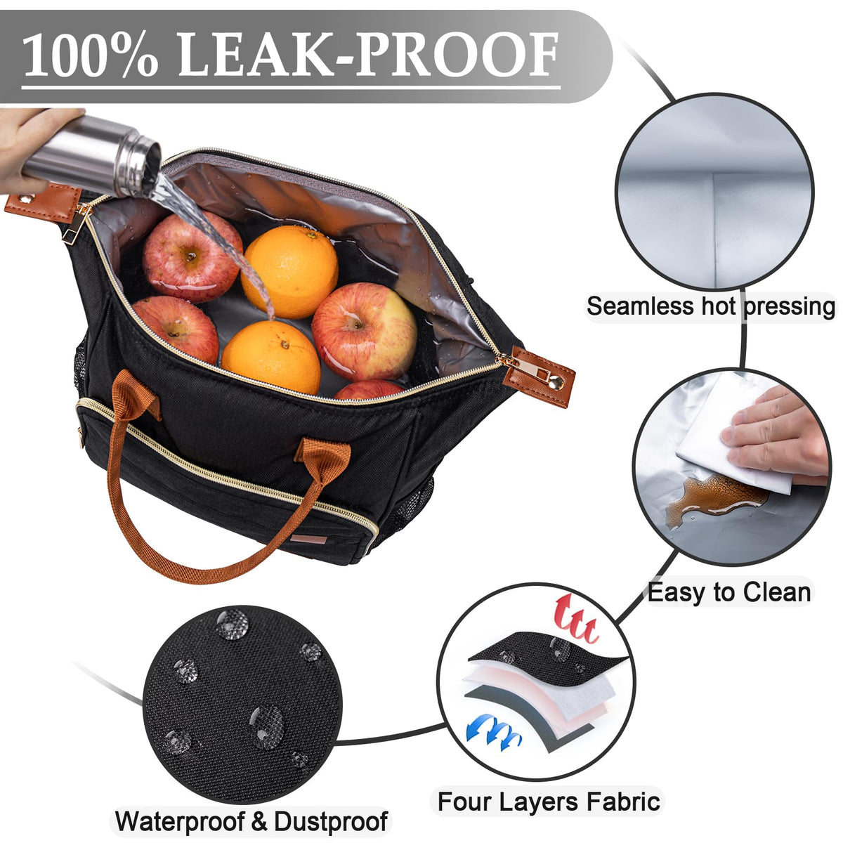 Black Lunch Box for Women Insulated Lunch Bag for Work - Adult Stylish Lunch Tote Bag for Shopping Soft Cooler for Beach Picnic Travel