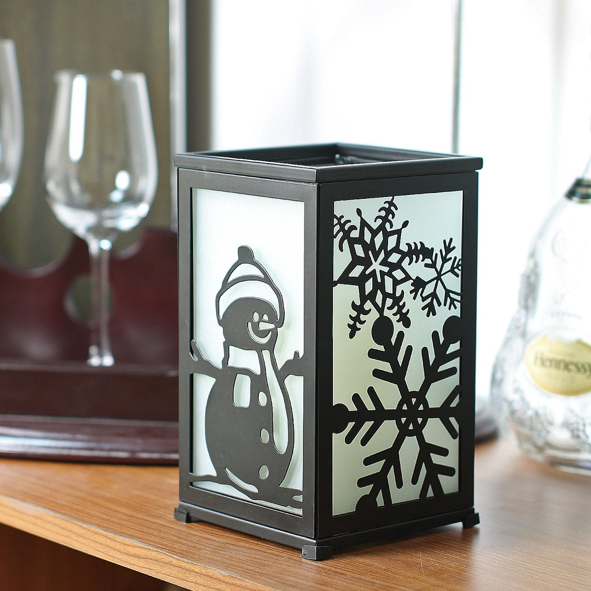 GiveU Decorative Led Candle Lantern with Timer Rustic Candle Lantern with Twelve Magnetic Seasonal Themed Panels ,5 x 5 x 8.5" Black