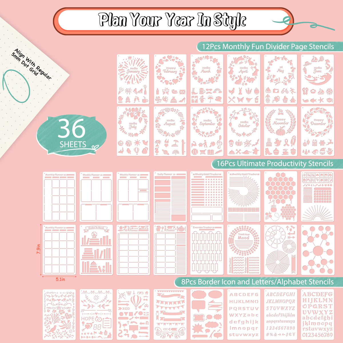 Midenco Bullet Journal Stencils (36PCS), Journal Supplies Accessories Kit for Bullet Journaling & Planner