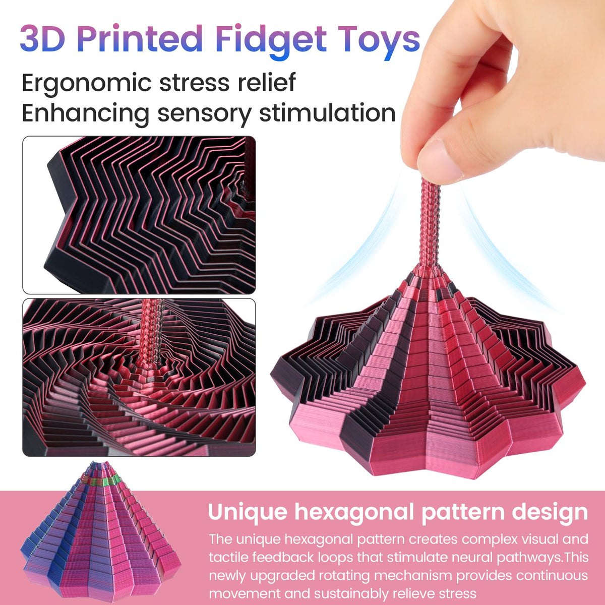 2 PCS 3D Printed Sensory Fidget Star with Handles, Colorful Fractal Expanded Fidgets Hexagon Whirling Spiral Star Shaped Toys for Office Desktop Decompression Toys Stress Relief Whirling Spiral